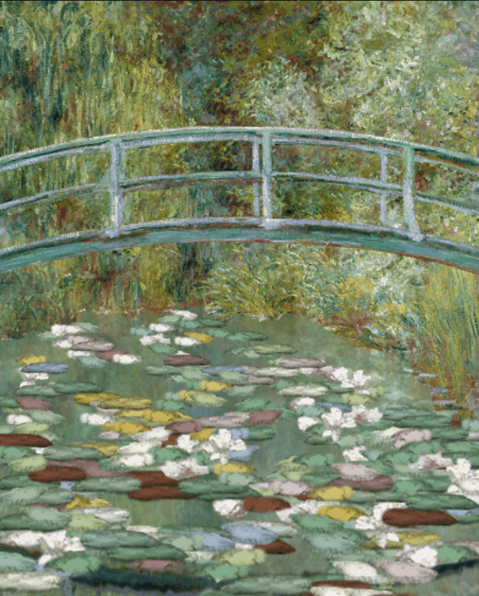 An interactive version of Claude Monet's Bridge over a Pond of Water Lilies, that animates the brightly colored water lilies in a pond.
