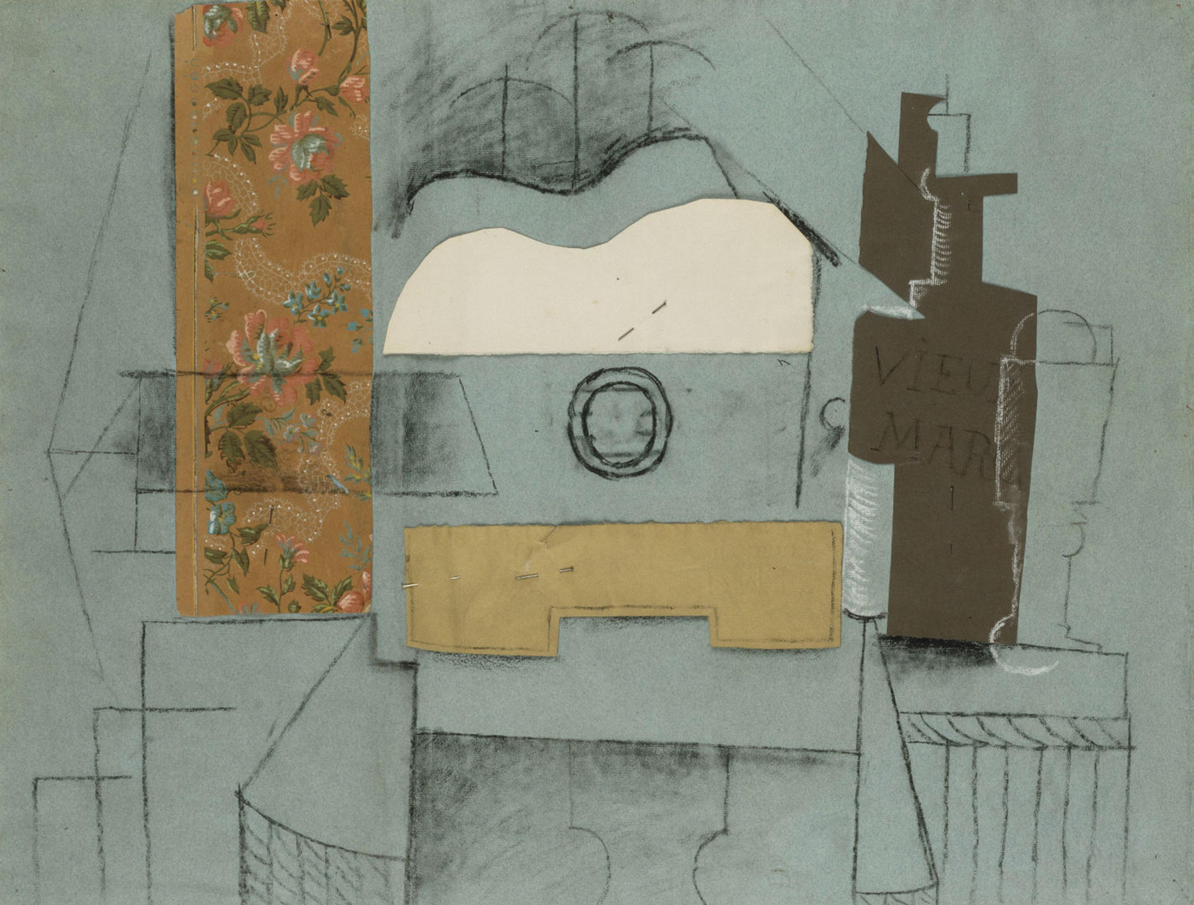 Abstract collage of a floral wallpaper, a guitar silhouette and a bottle of Vieux Marc