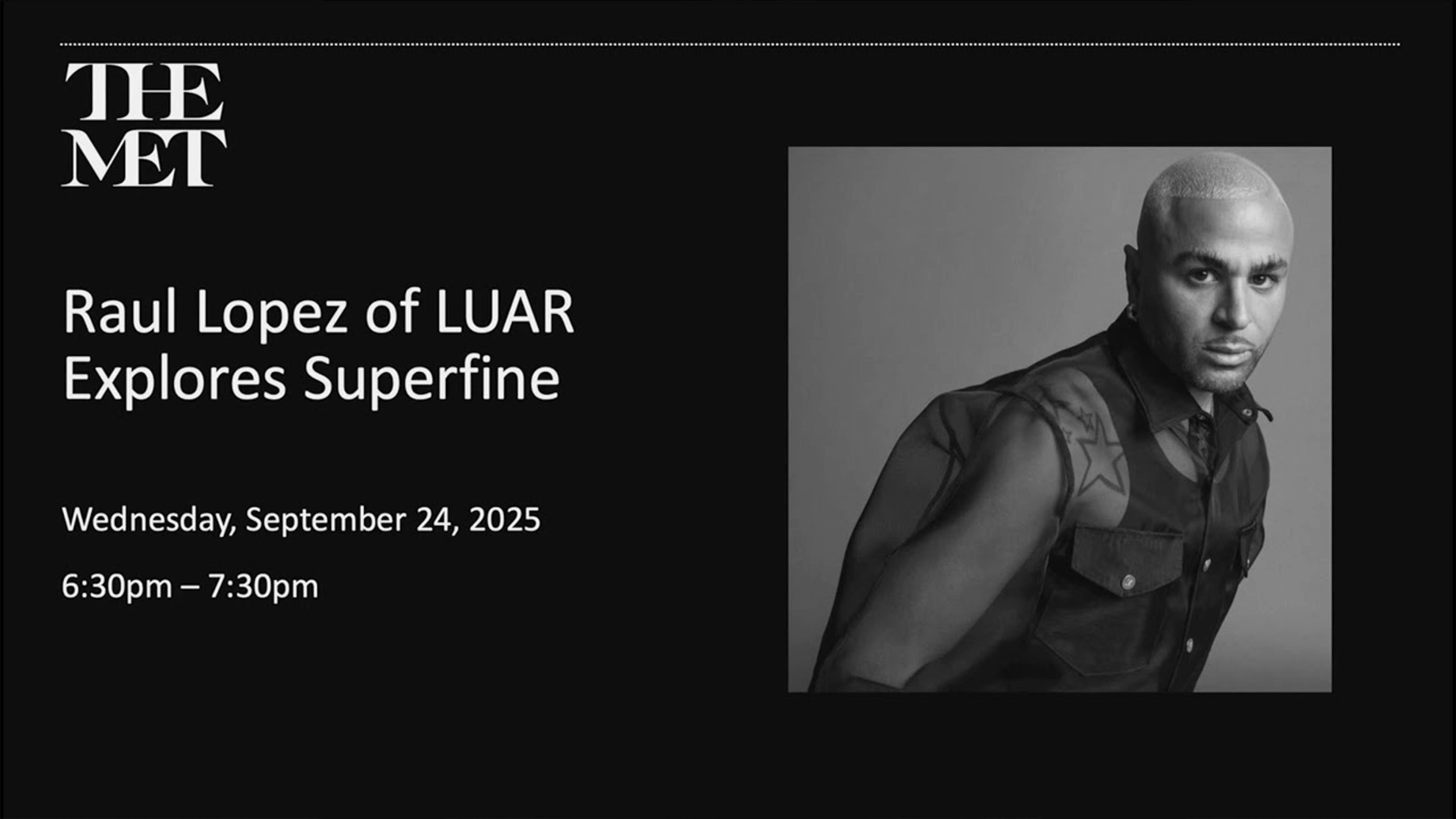 Black and white image with white text, with man wearing all black looking at the camera poised. 