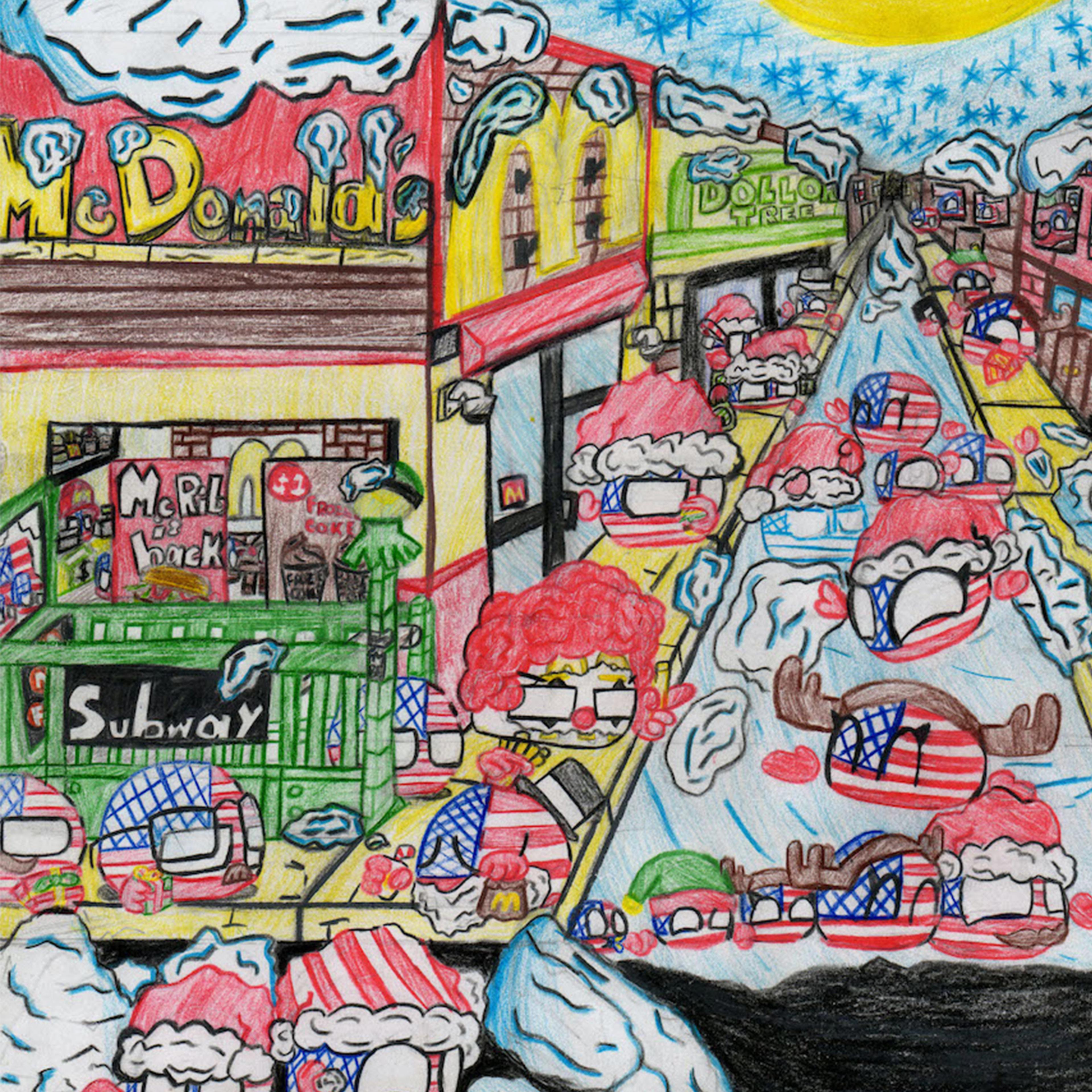 Colorful, intricate drawing of a cityscape featuring bridges, varied buildings in warm tones, and blue-roofed houses, conveying a vibrant urban feel.