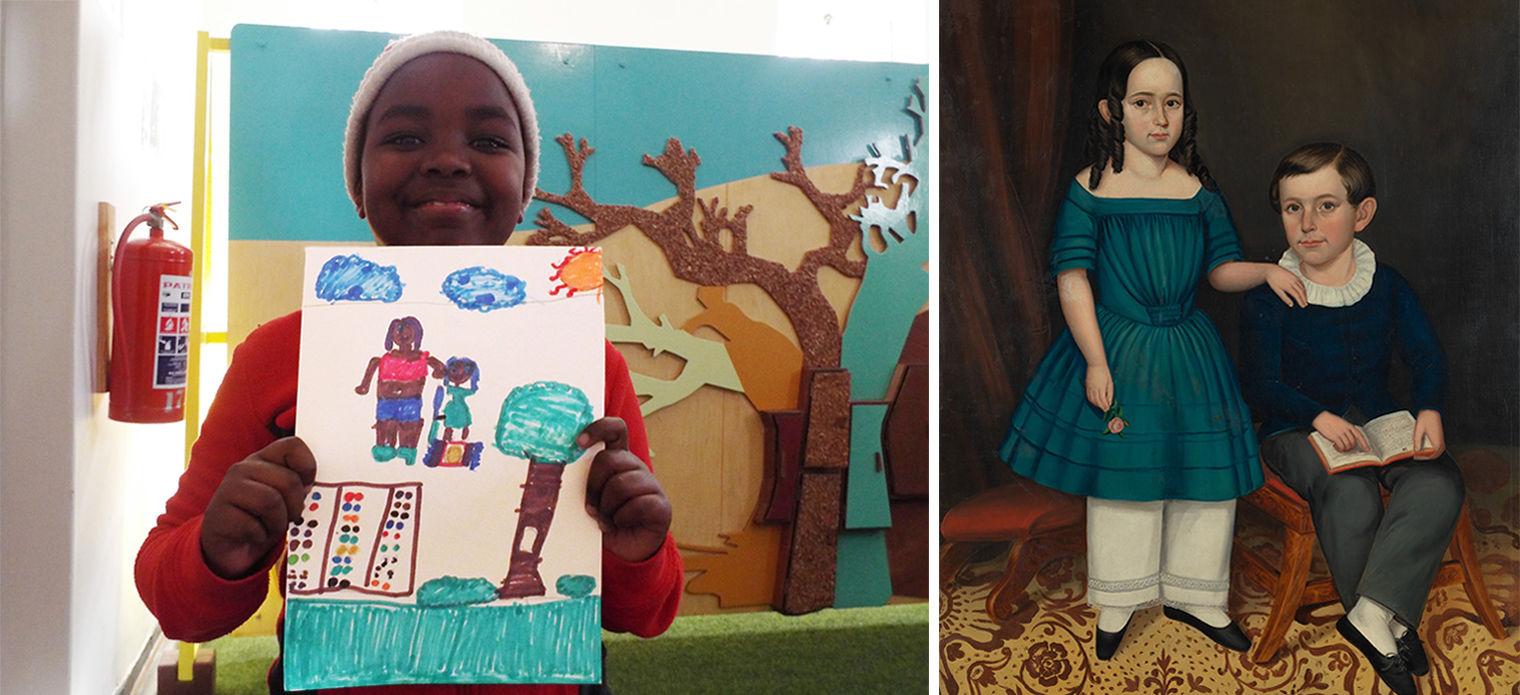 On the left, Michelle holds up her portrait of two siblings. On the right, the artwork that inspired her: John and Luisa Stock, by Joseph Whiting Stock.