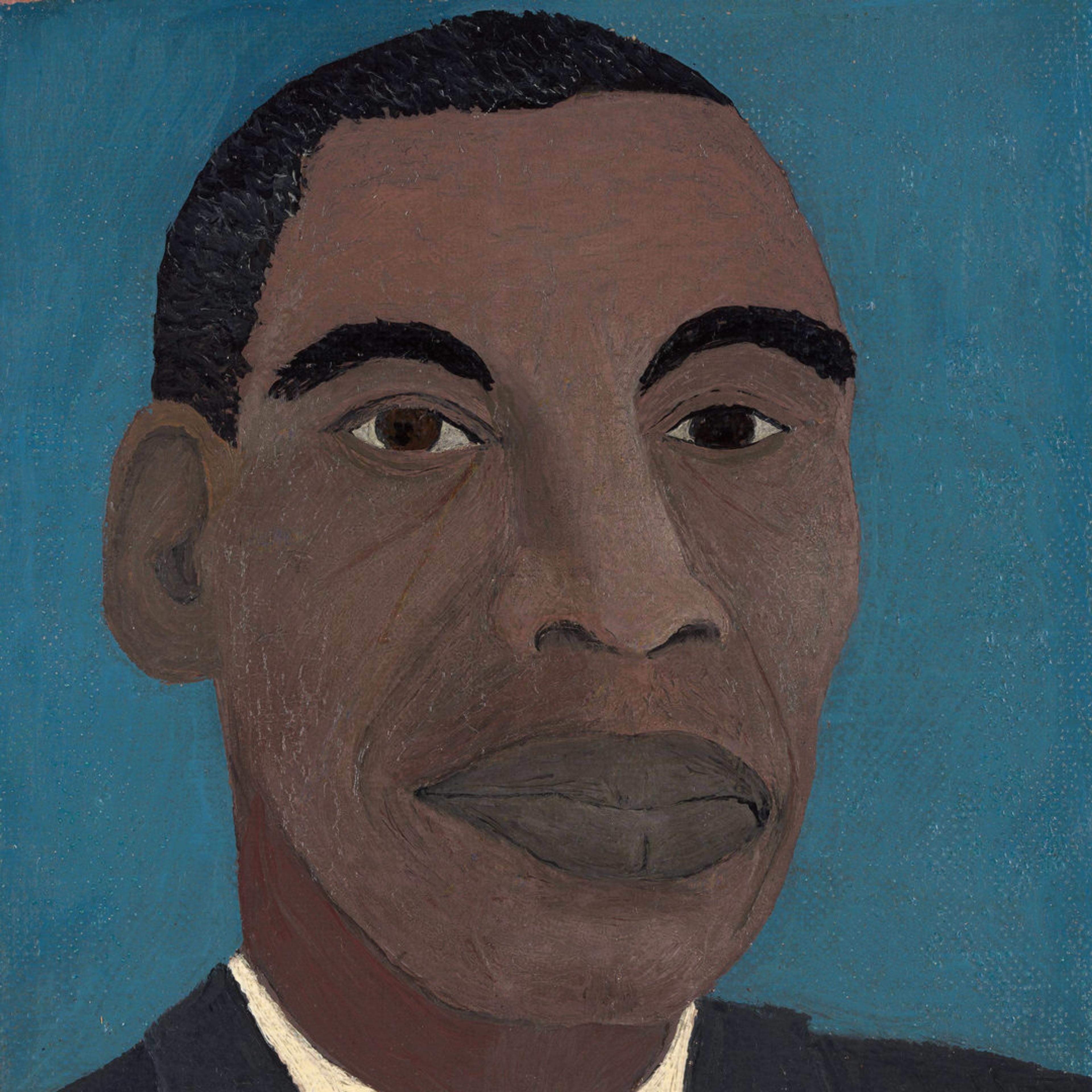 A Self-Portrait painting by the African American Painter Horace Pippin. A Black man sits against a blue background from his shoulders up looking directly towards us with deep brown eyes. He is wearing a black suit, off-white yellowish suit, and a striped tie with brown and a golden-mustard yellow.