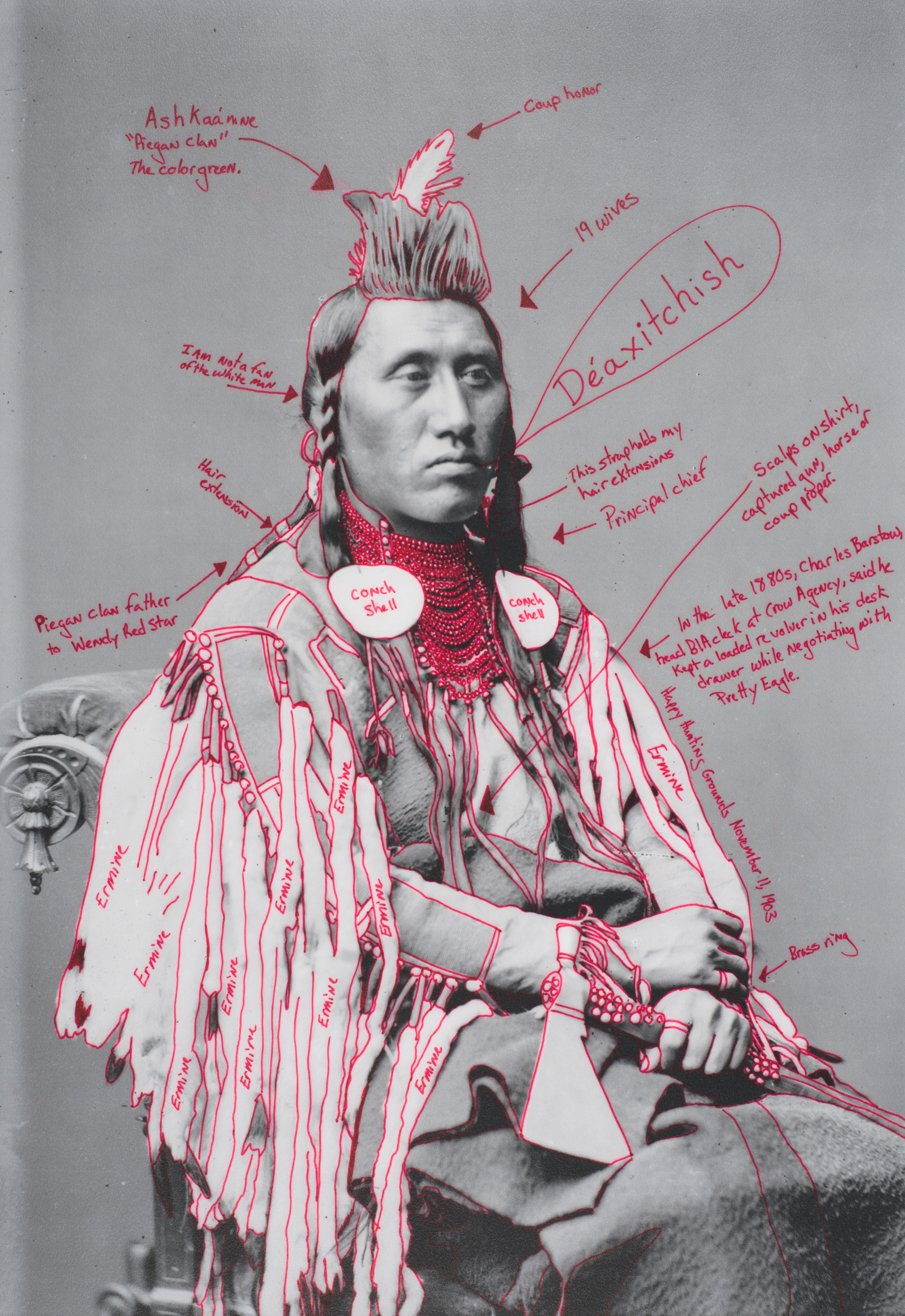 Black-and-white photo of an Indigenous man, superimposed with contemporary annotations in red marker.