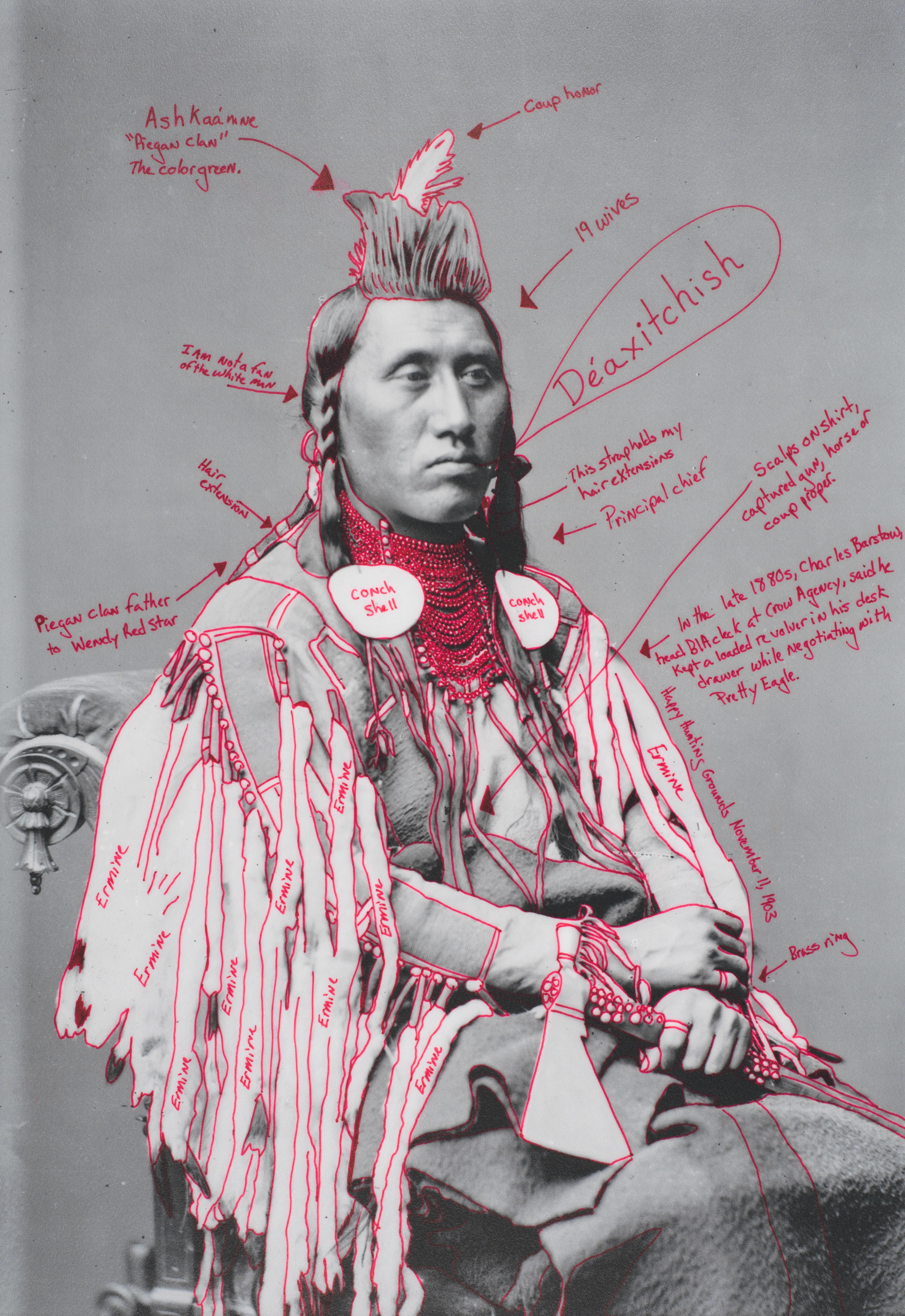 Black-and-white photo of an Indigenous man, superimposed with contemporary annotations in red marker.