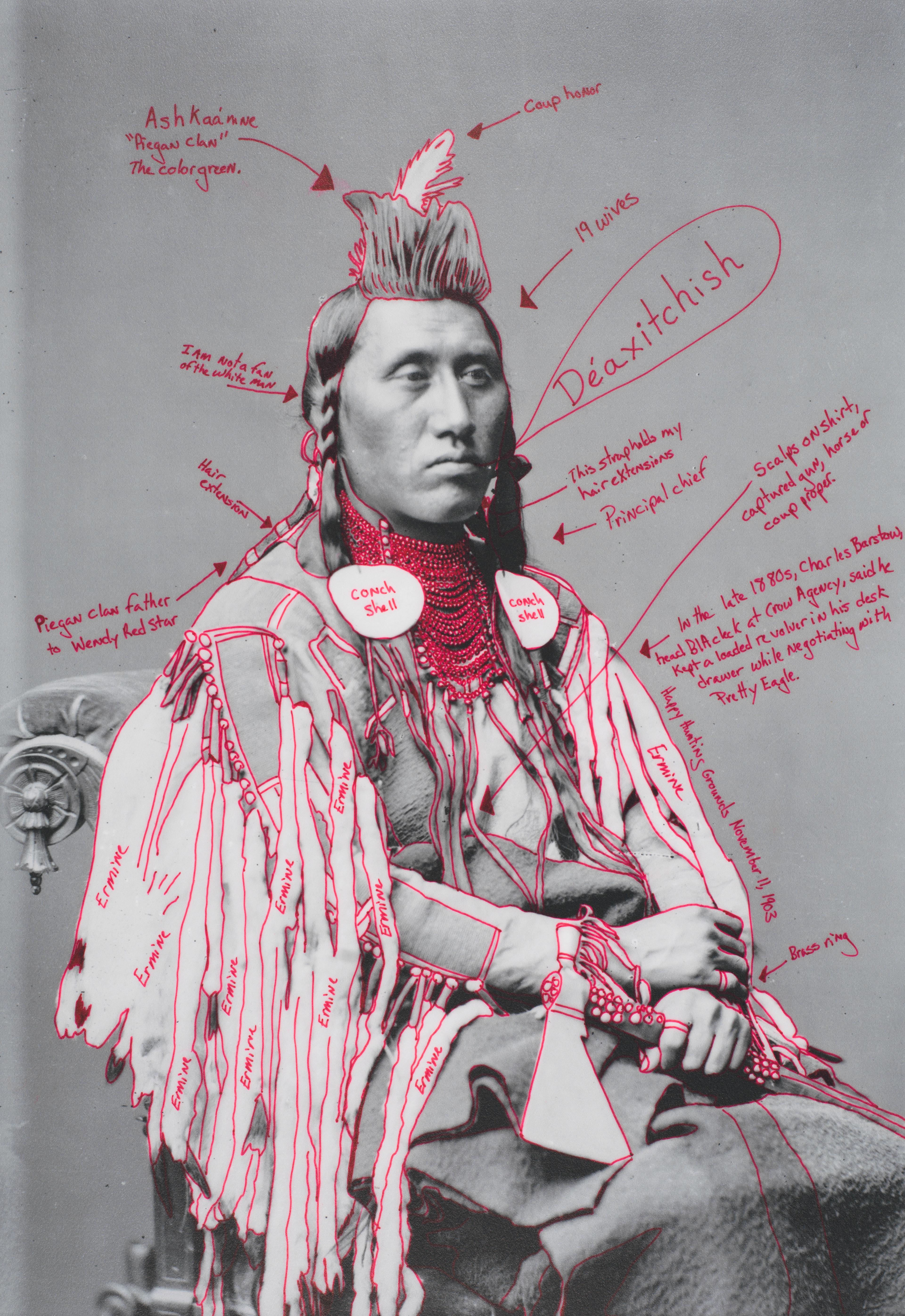 Black-and-white photo of an Indigenous man, superimposed with contemporary annotations in red marker.