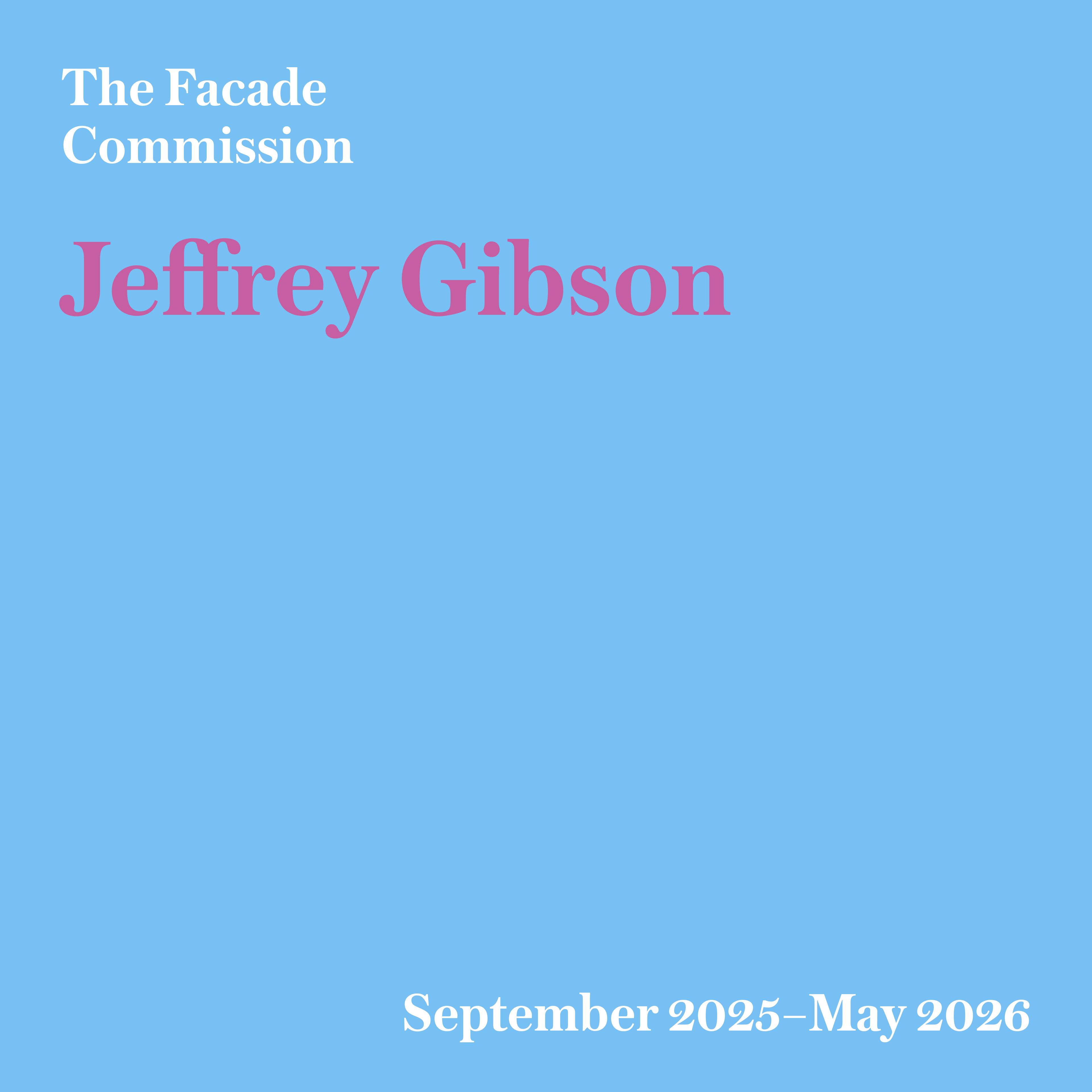 Blue background image with Pink Color font which reads, " Jeffrey Gibson" The Facade Commission