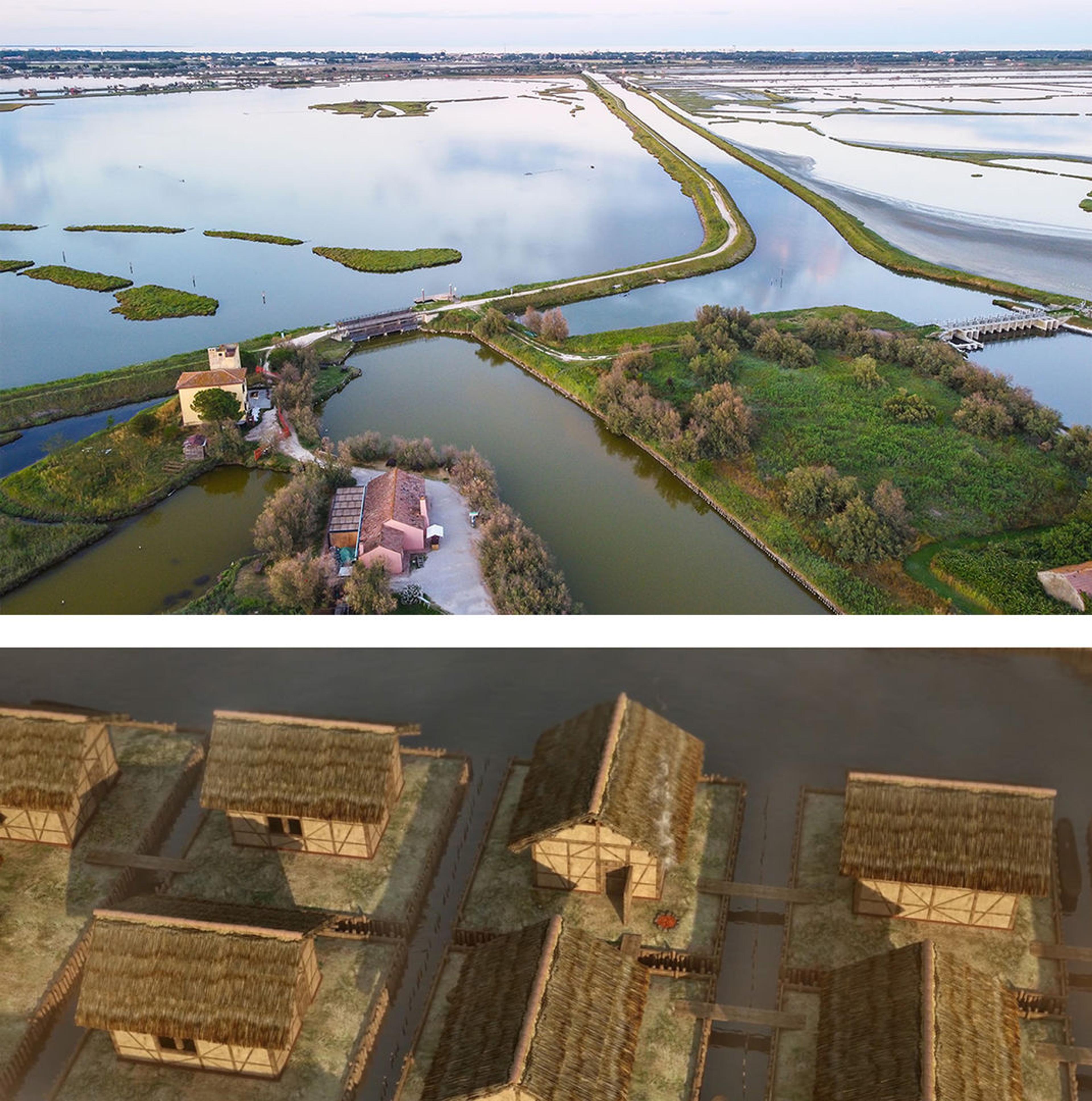 Top, present-day aerial image of Spina, showing the lagoon environment with roads and sparse homes. Bottom, a reconstruction of the Spina settlement showing homes built on plots atop the water and connected via small planks.