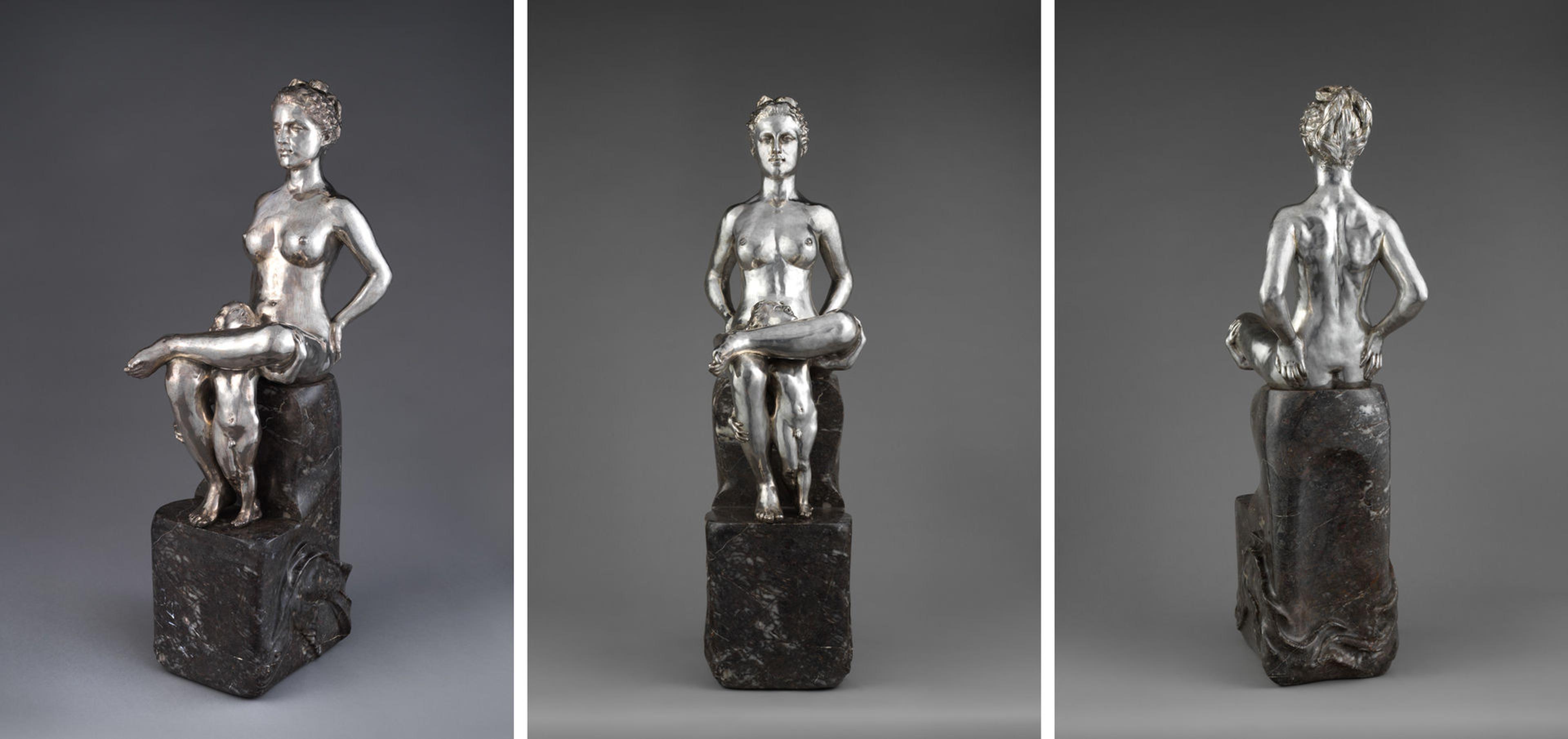 Three views of a silver sculpture by Max Klinger depicting a woman and child atop a marble throne