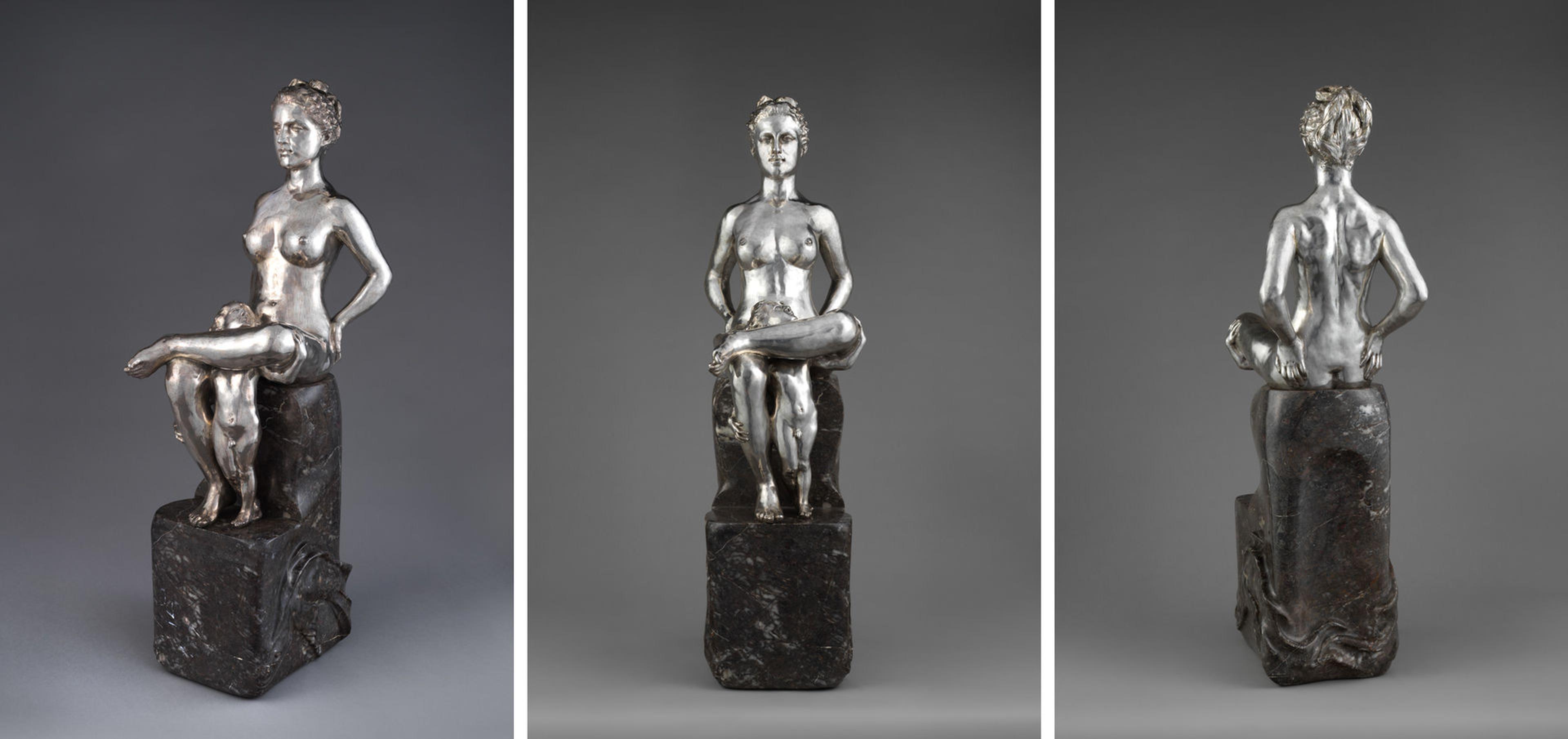 Three views of a silver sculpture by Max Klinger depicting a woman and child atop a marble throne