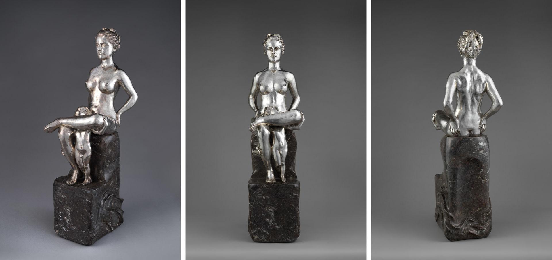 Three views of a silver sculpture by Max Klinger depicting a woman and child atop a marble throne
