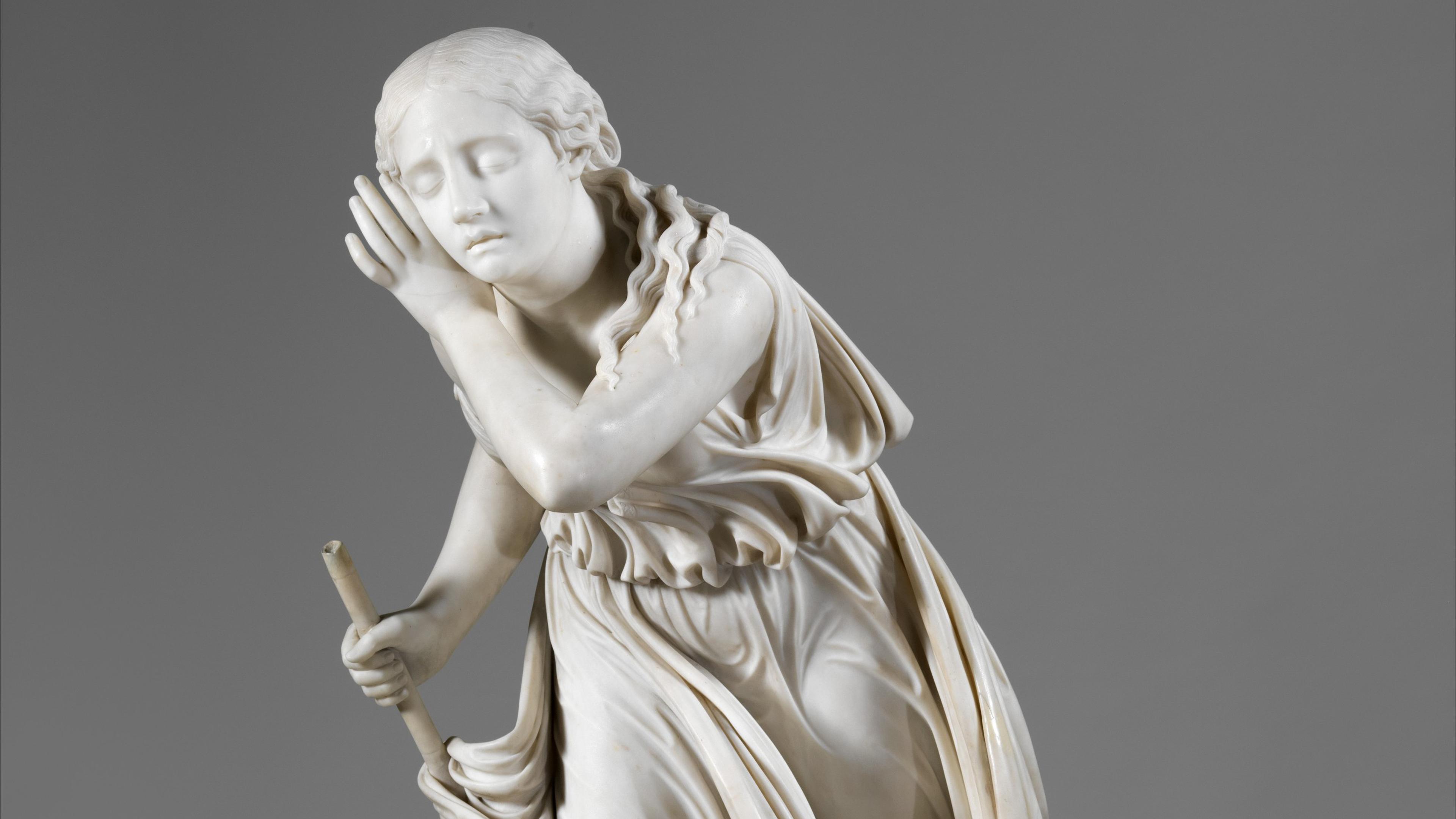 Marble sculpture of a girl with her eyes closed, holding her hand up to her ear as if to listen