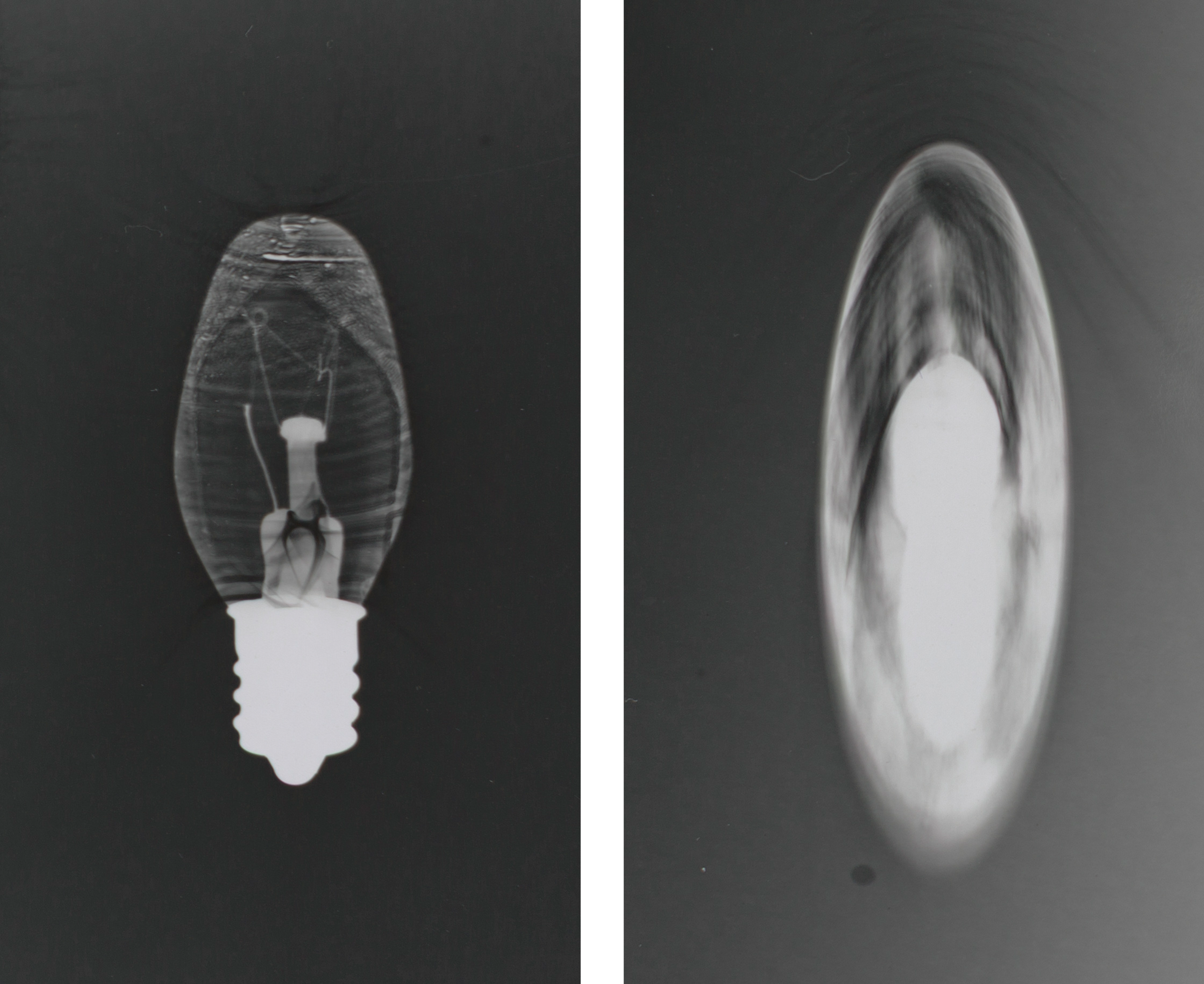 Two black and white photograms side by side with different exposure techniques of a lightbulb. On the left, it looks like a lightbulb; on the right, it is an abstract oval of shades of light and dark.