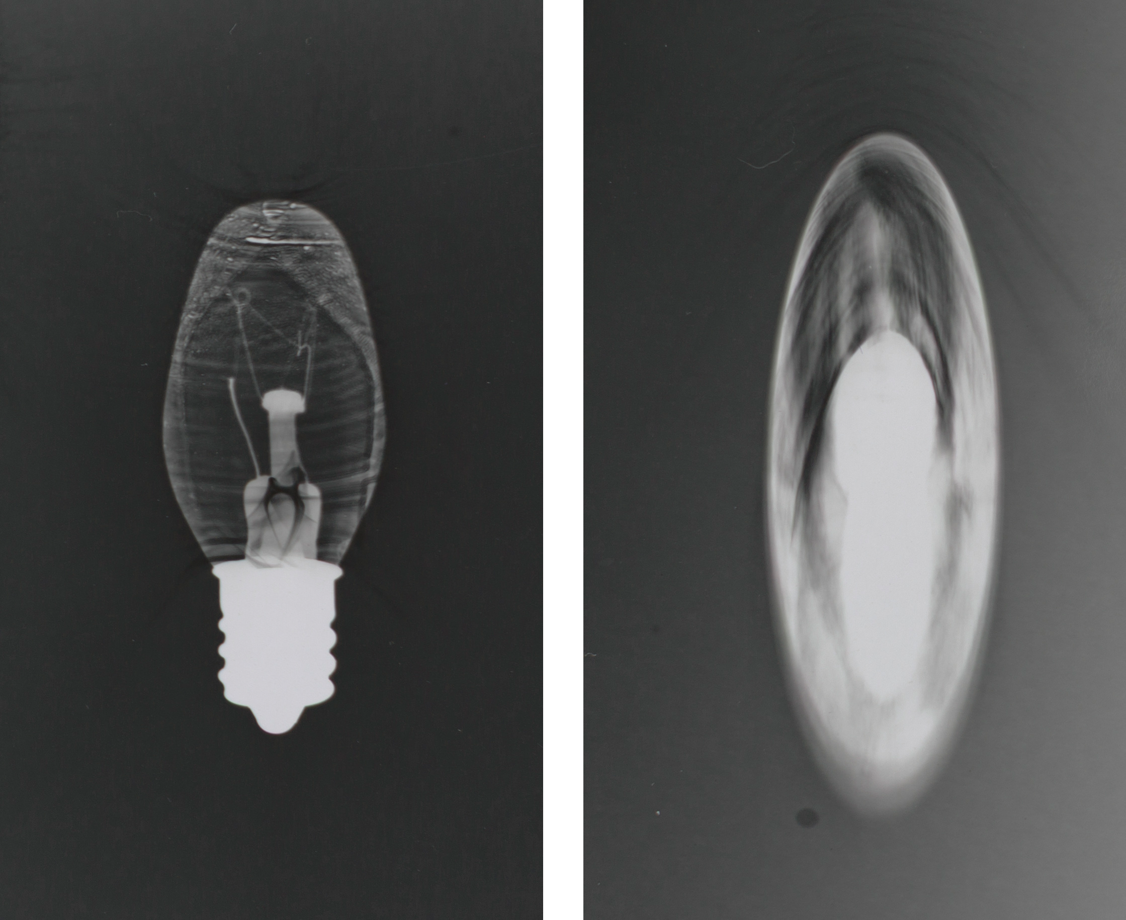 Two black and white photograms side by side with different exposure techniques of a lightbulb. On the left, it looks like a lightbulb; on the right, it is an abstract oval of shades of light and dark.