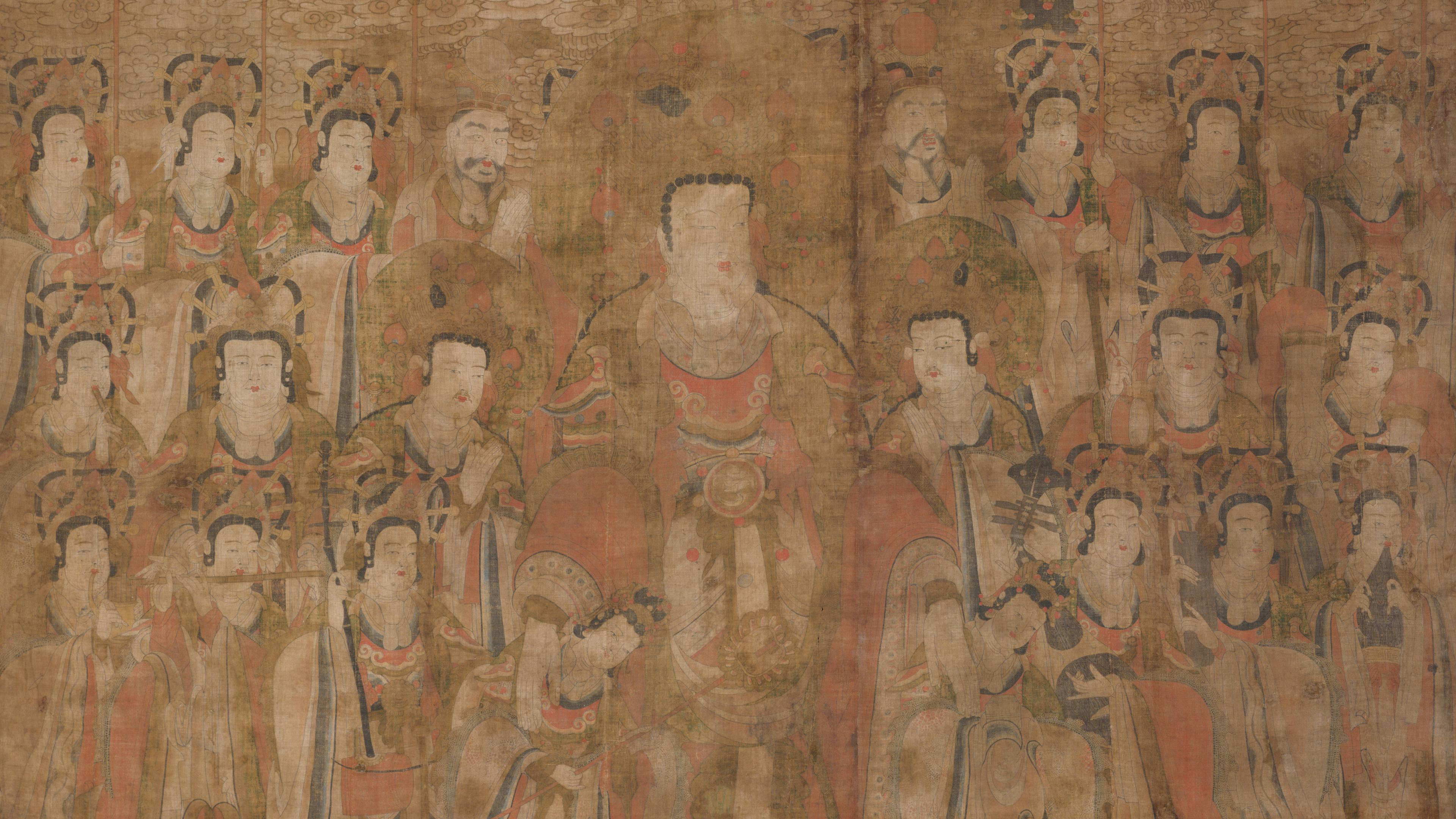 Painting of Brahma deity surrounded by attendants.