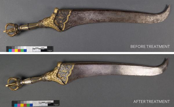Photos of the knife before conservation treatment (above) and after (below)