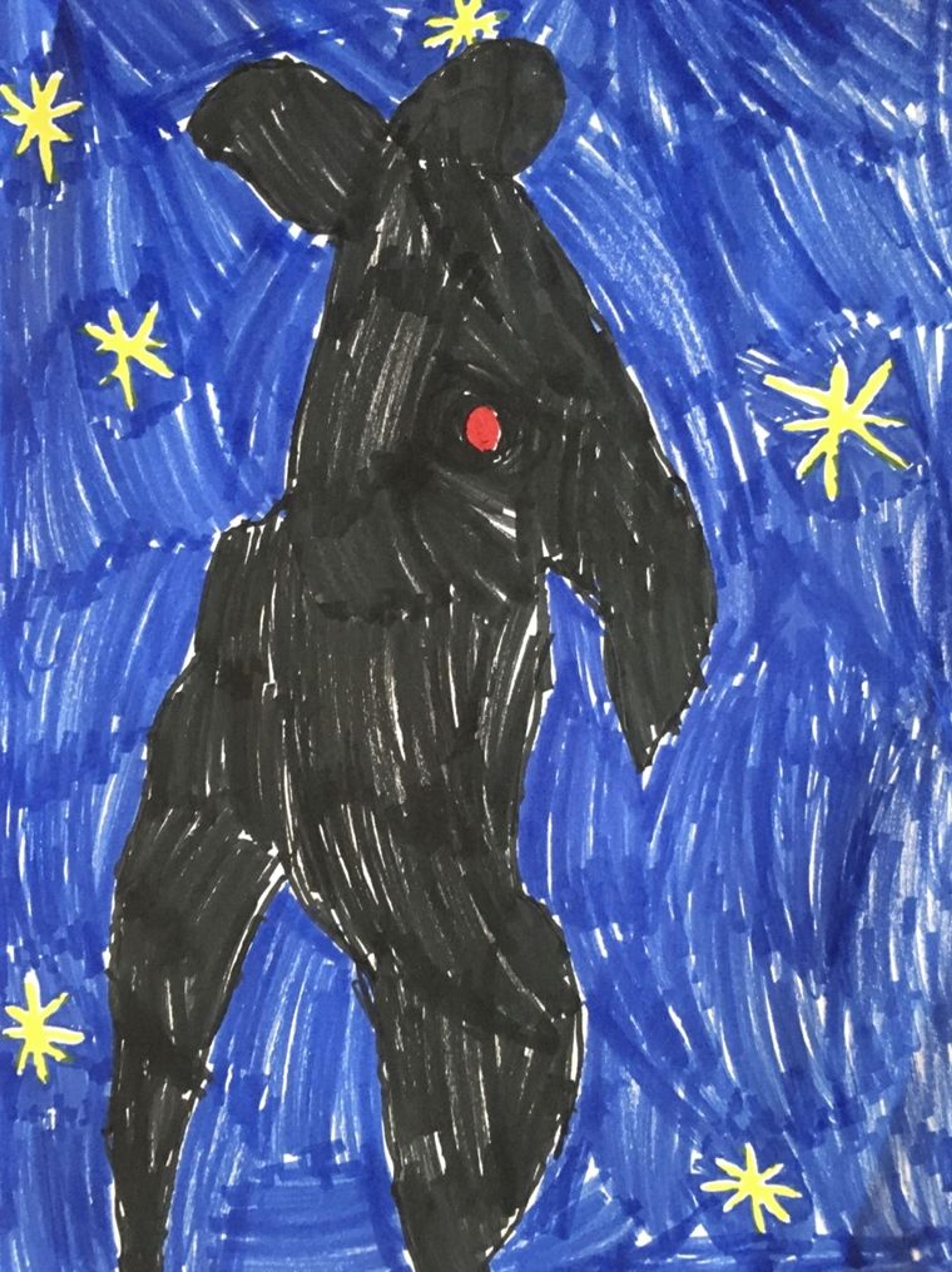 A child's marker drawing of a dancing black figure over with a blue background.