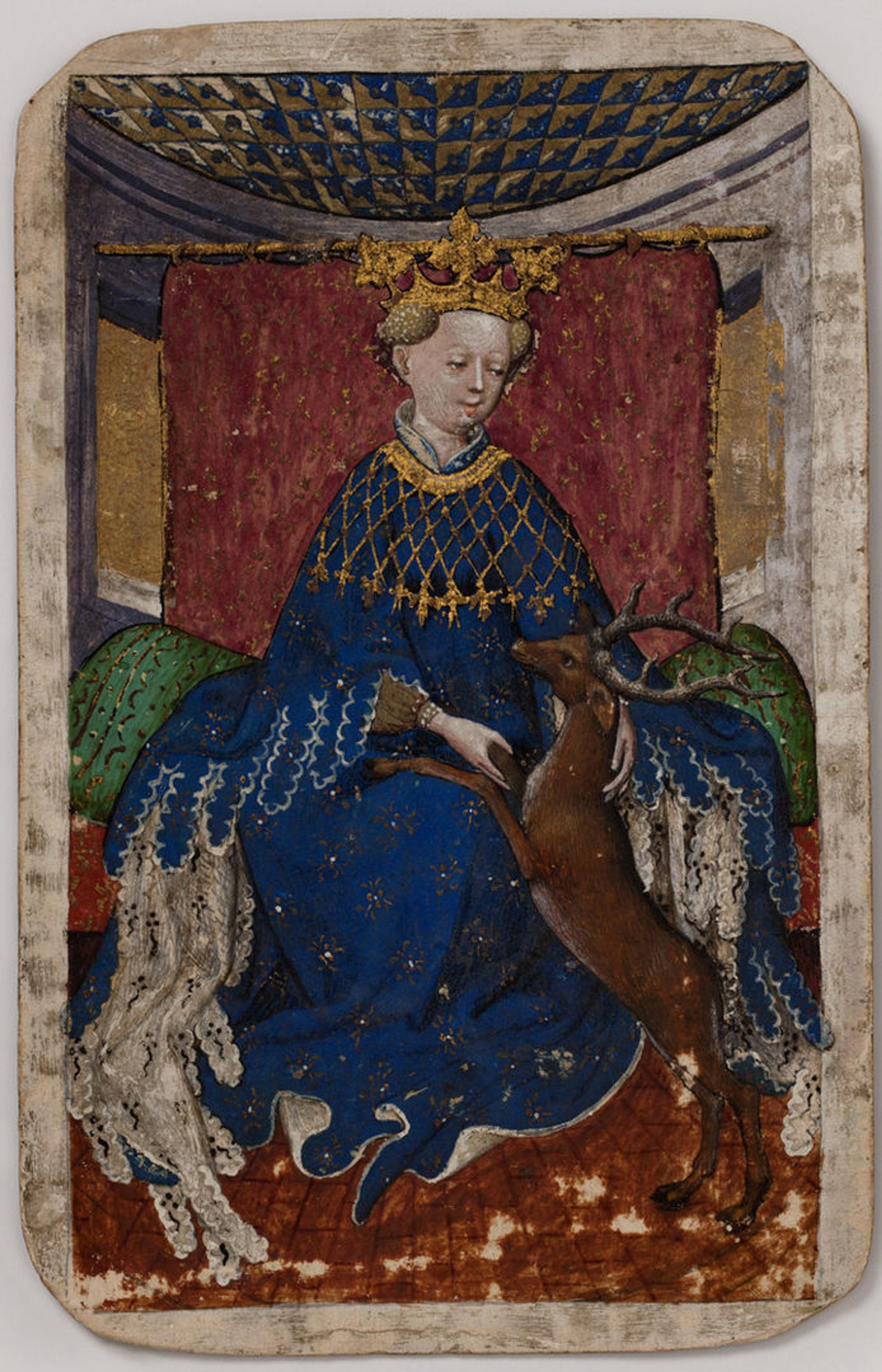 Queen of Stags, from The Stuttgart Playing Cards, ca. 1430. Made in Upper Rhineland, Germany. Paper (six layers in pasteboard) with gold ground and opaque paint over pen and ink; 7 1/2 x 4 3/4 in. (19.1 x 12.1 cm). Landesmuseum Württemberg, Stuttgart (KK grau 15)