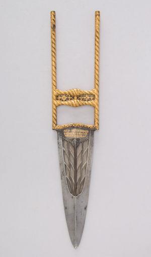 Left: Dagger (Katar), 1852. India, Bundi, Rajasthan. Steel, gold; 17 1/2 x 3 9/16 in. (44.5 x 9 cm). The Metropolitan Museum of Art, New York, Bequest of George C. Stone, 1935 (36.25.912)