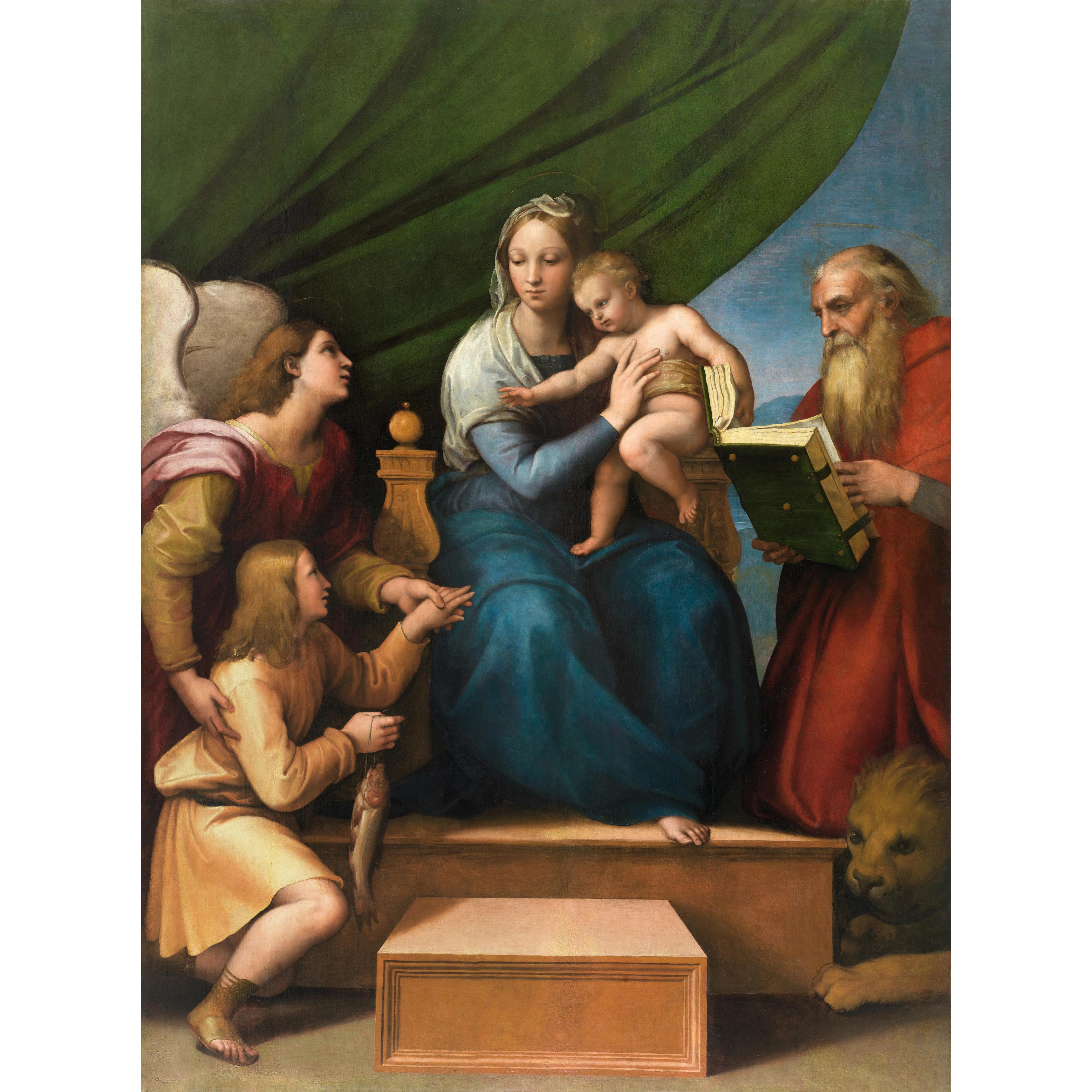 Painting of a seated woman holding a nude child with a woman with wings and a child to her right and a man holding a large book on her left.