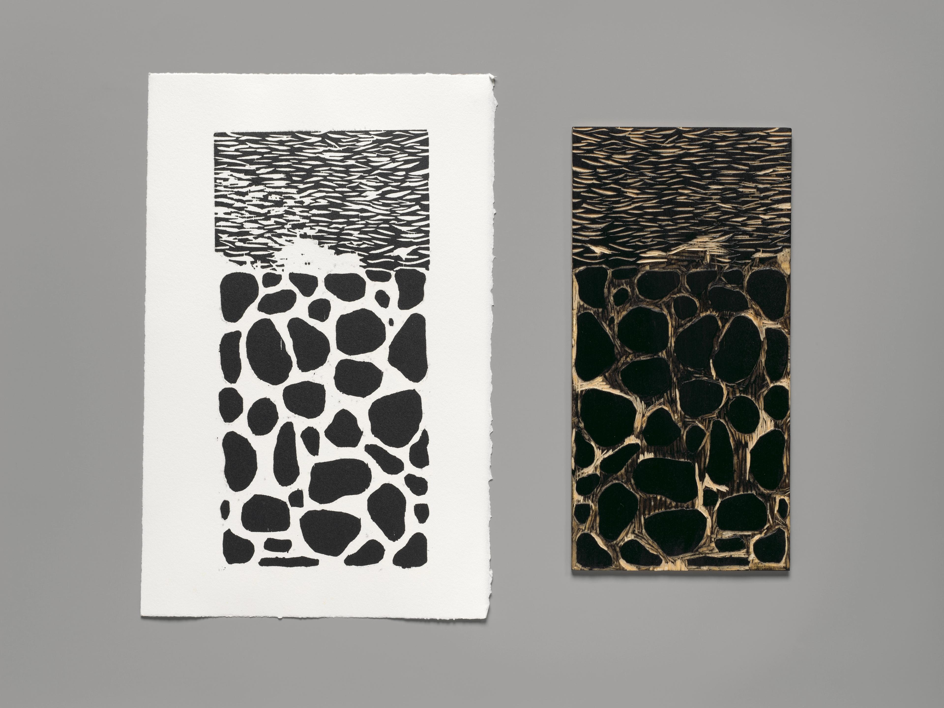 Image of a woodcut print (left) next to the designed woodblock (right).