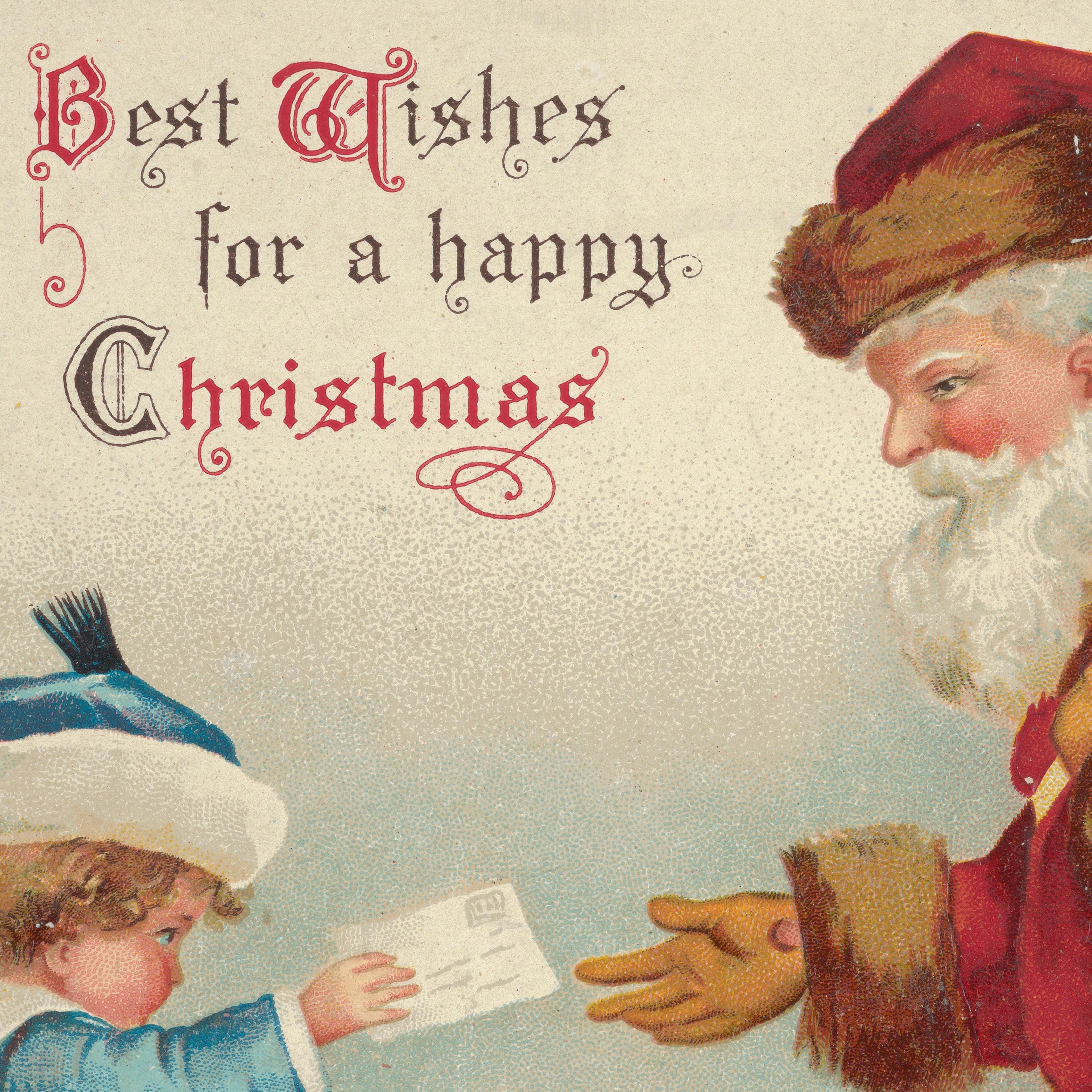 A Christmas card showing Santa accepting a letter from a child