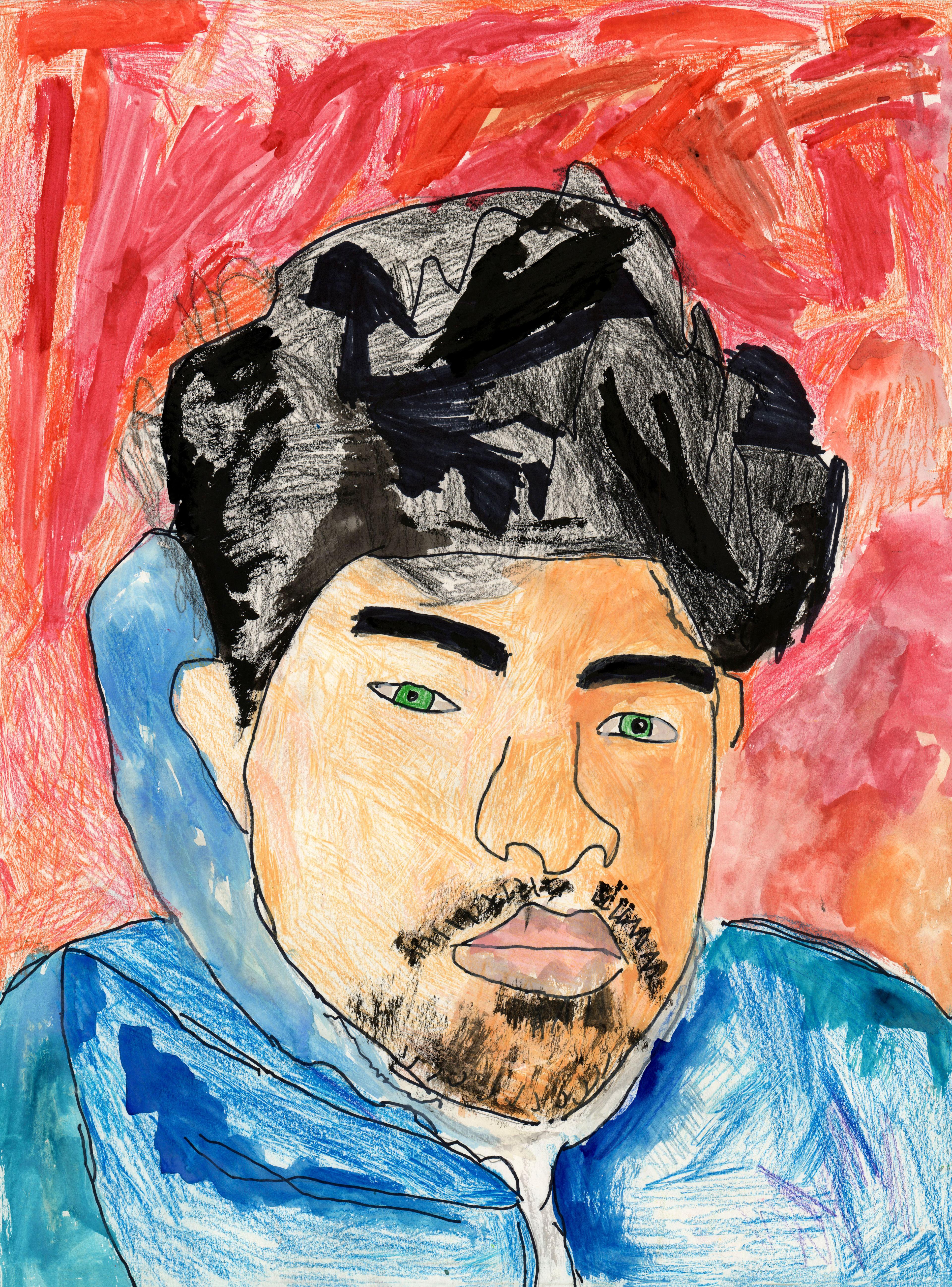 Colored pencil–and-watercolor self-portrait of an adolescent male with tall, thick black hair, piercing green eyes, thick, dark eyebrows, and a slight mustache and faint goatee. He wears a blue windbreaker jacket and the background is a bold red, with a splash of orange at the right.