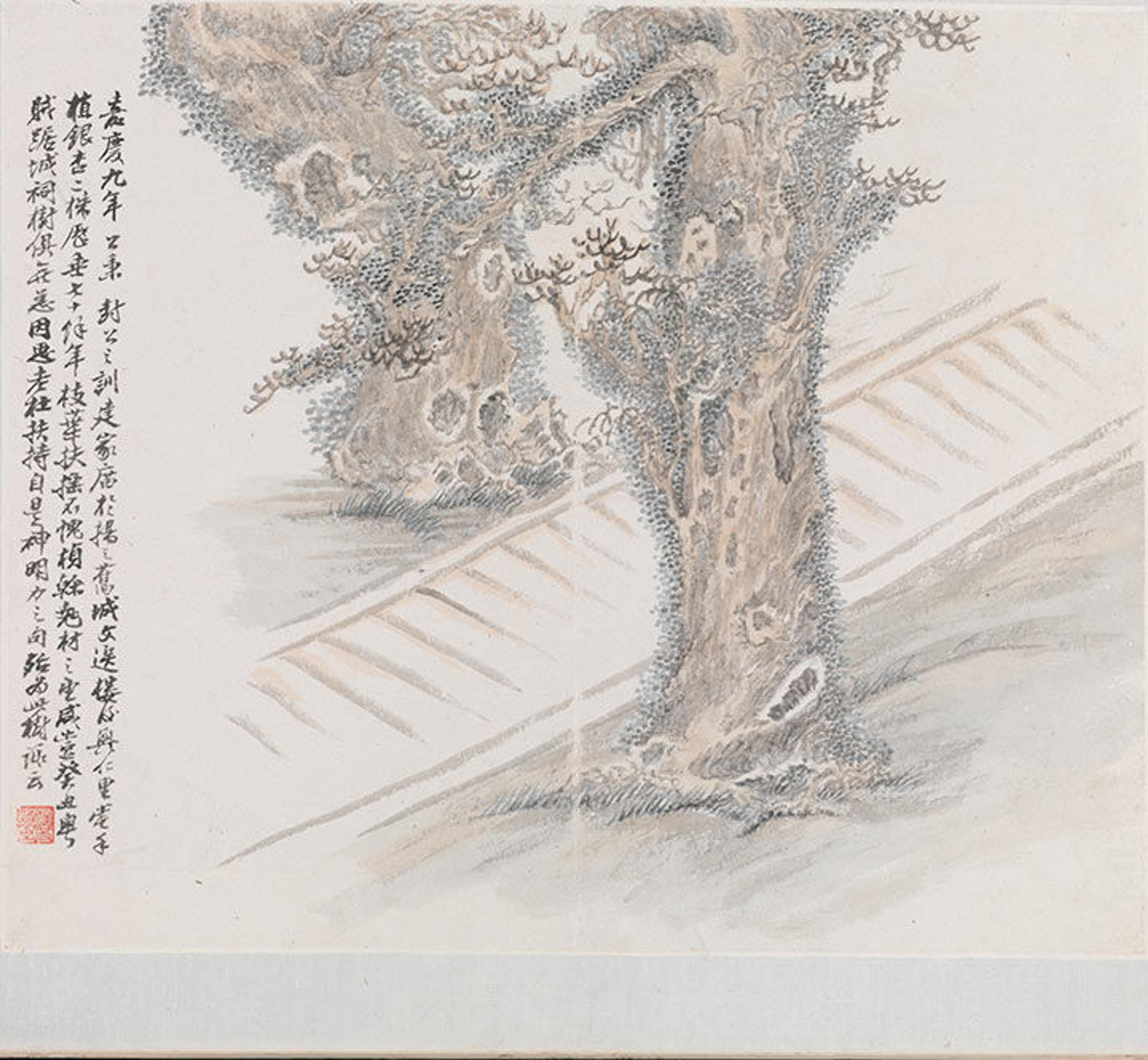 Leaf from an album of paintings, depicting two gingko trees