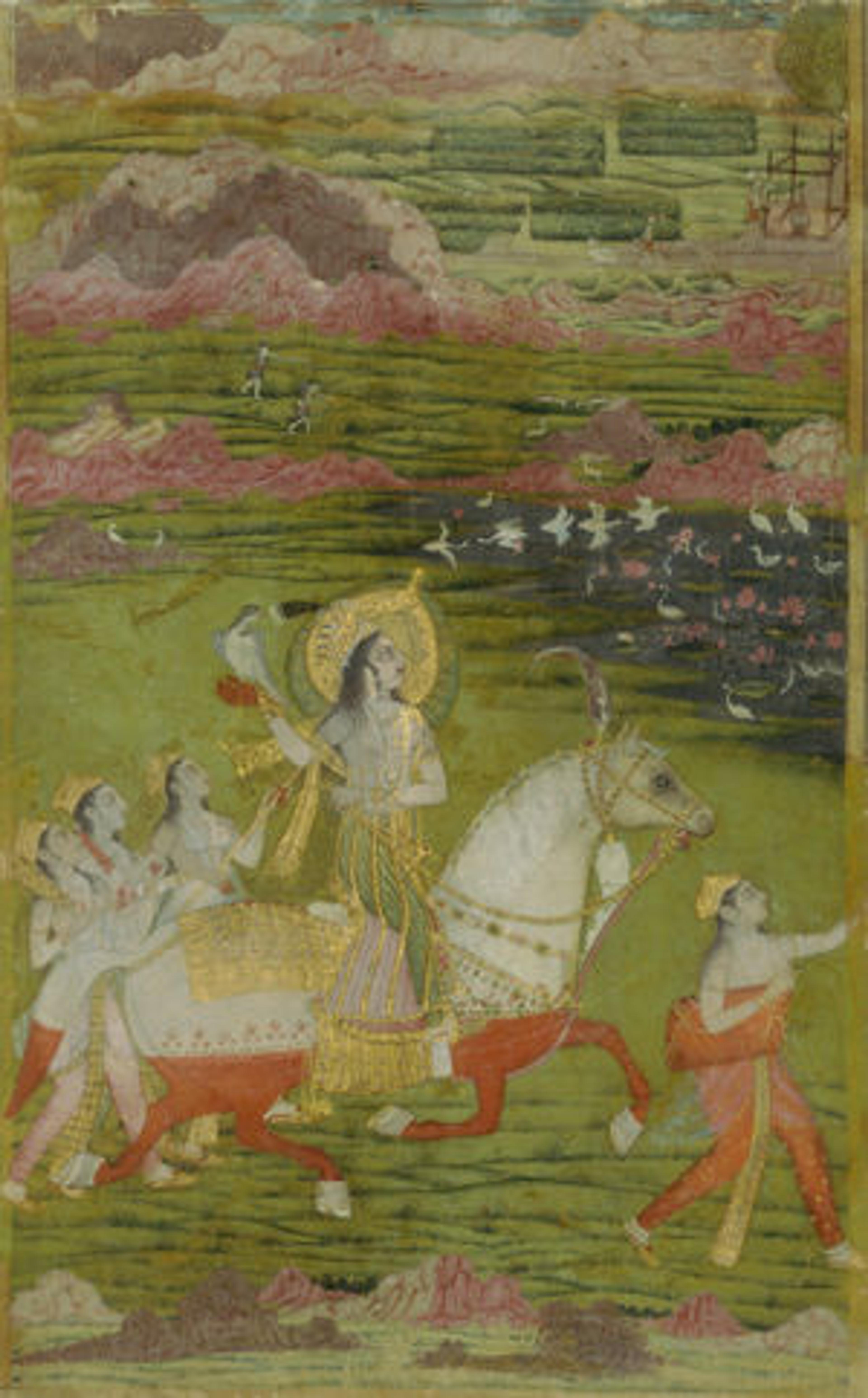 Chand Bibi Hawking with Attendants in a Landscape, ca. 1700. India, Deccan. Islamic. Opaque watercolors, gold, and silver on card-weight paper; 10 x 6 1/4 in. (25.4 x 15.9 cm). The Metropolitan Museum of Art, New York, Louis E. and Theresa S. Seley Purchase Fund for Islamic Art, 1999 (1999.403)