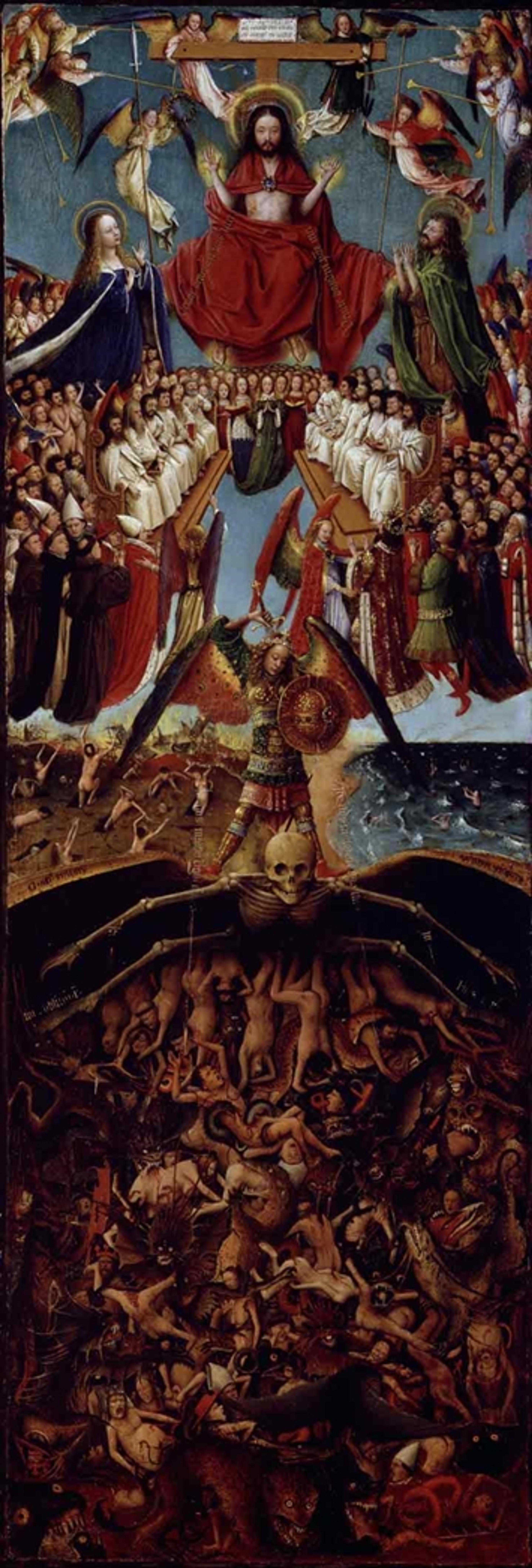 Tall vertical painting by Jan van Eyck of the Last Judgement