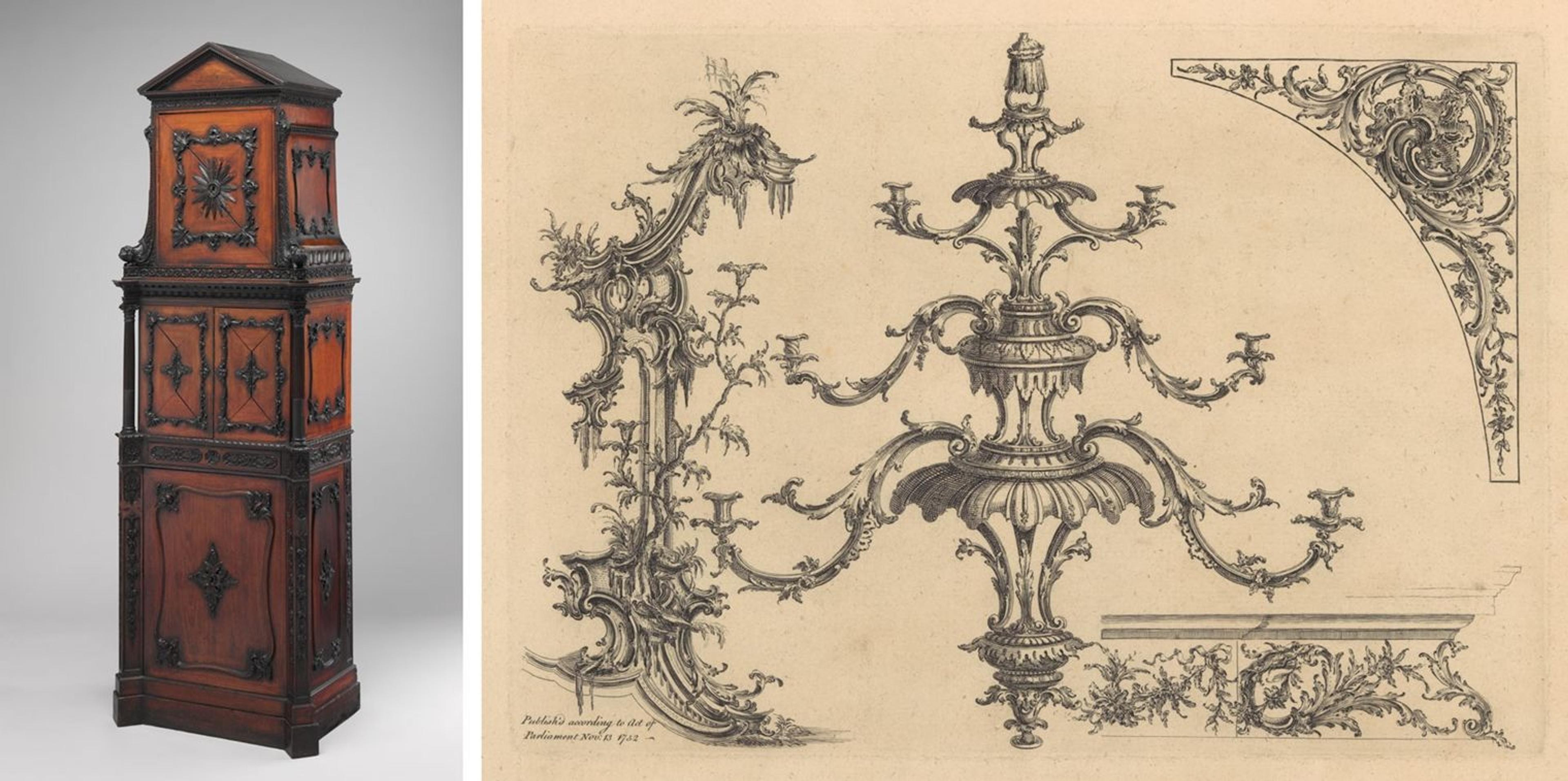 At left, a mid-18th-century British medal cabinet. At right, a plate showing a furniture drawing from 1752