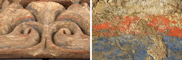 Left: Fig. 6. Remnants of polychrome decoration. Right: Fig. 7. Detail of polychromy showing the red band running between the blue painted areas and the gilding (marked with red arrows)