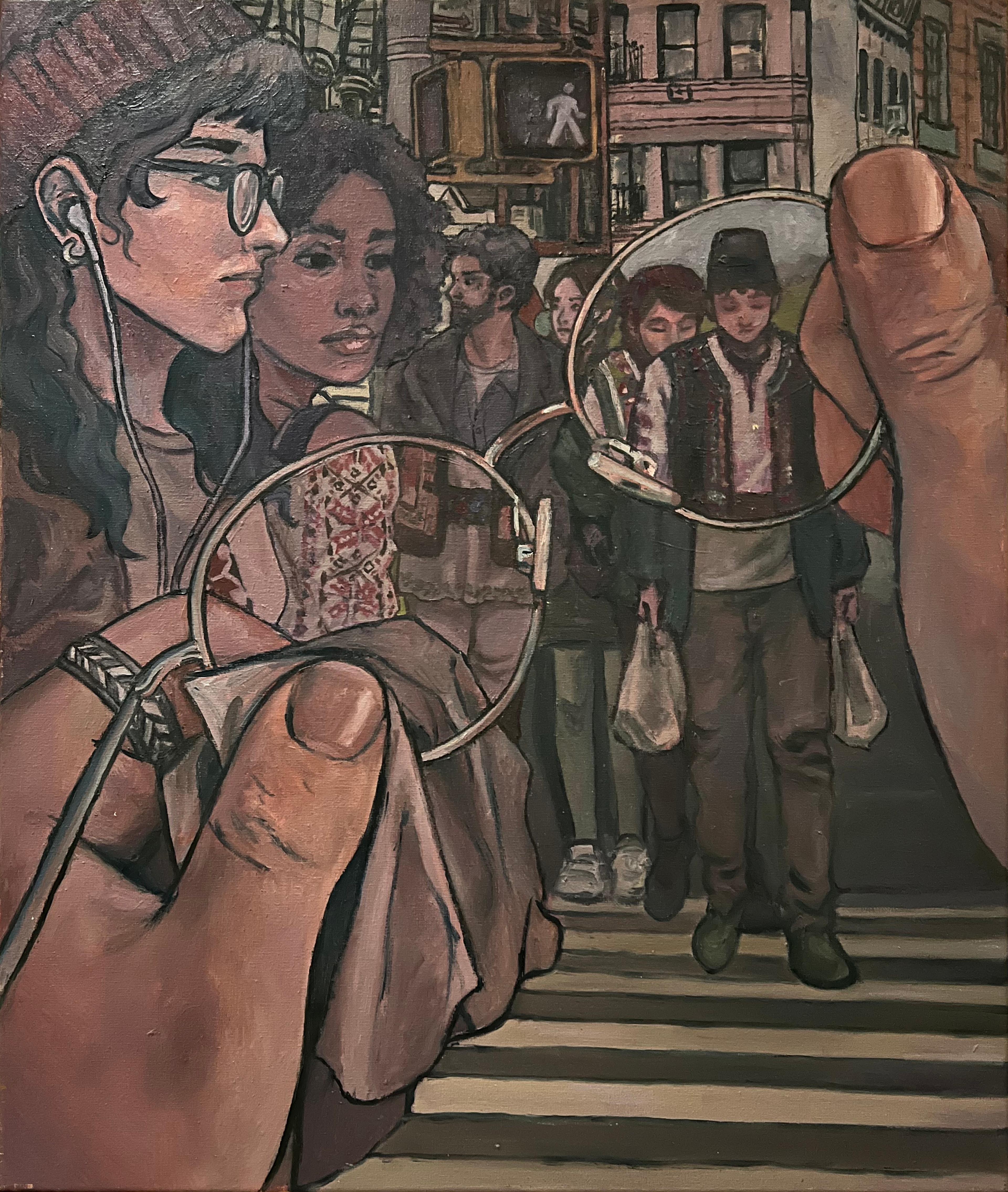 Painting of a crowd waiting to cross the street, partially viewed through a pair of eye glasses.