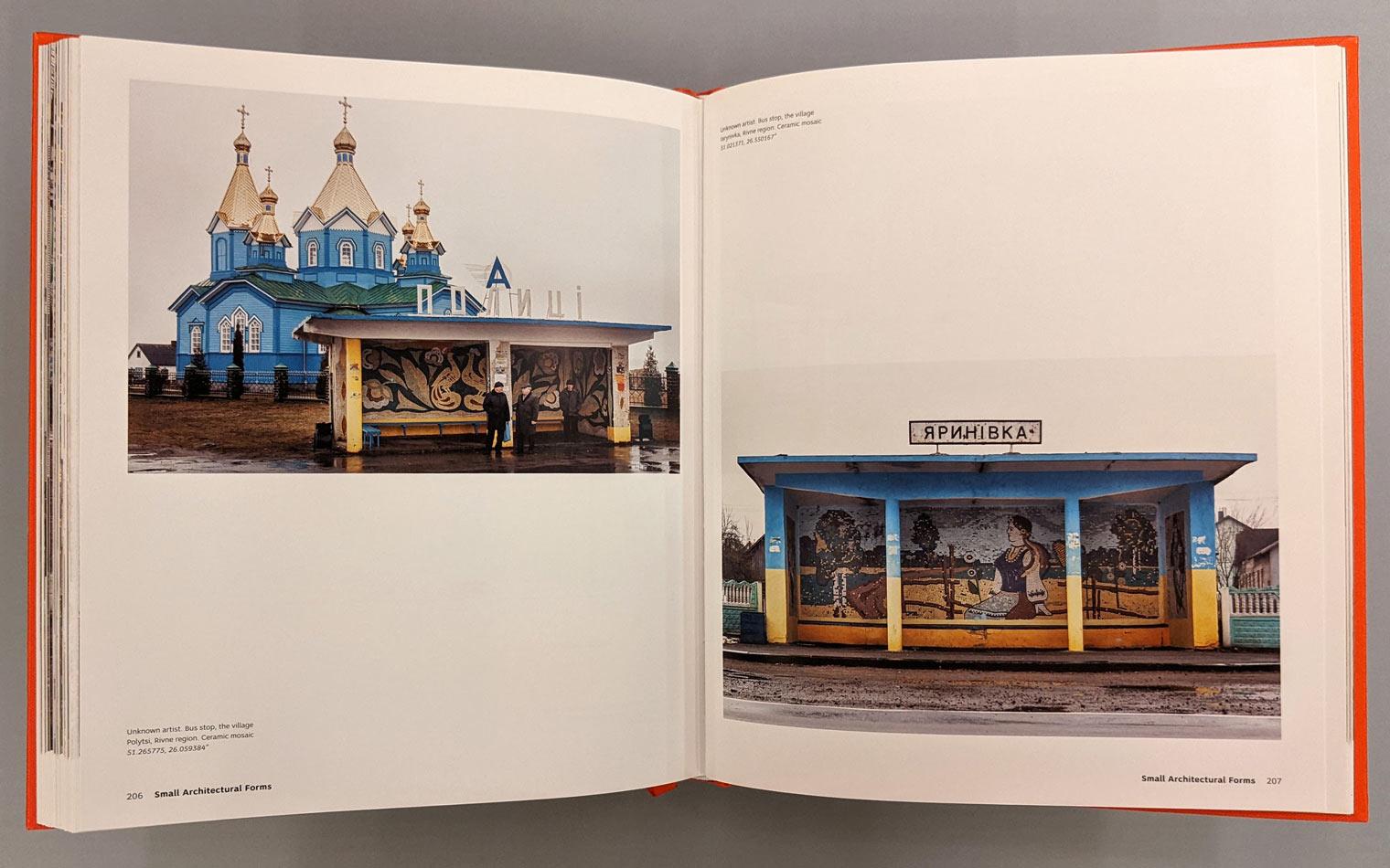 Two photographs of bus stops decorated with Soviet mosaics