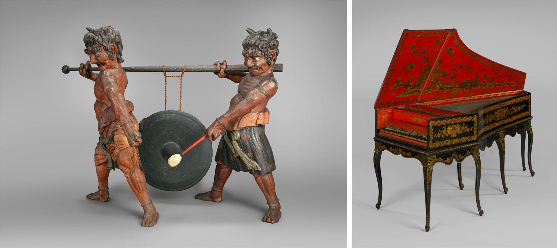 Left: Gong Held by Oni, early 19th century. Right: Jean Goermans's Harpsichord converted to a piano, 1754