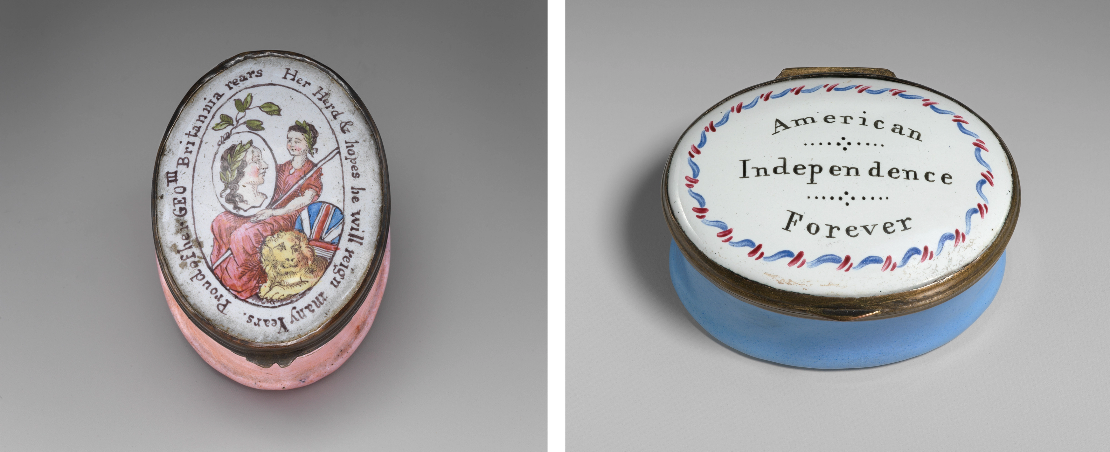 Two patch boxes. At left, the lid depicts a woman holding a medallion, alongside a lion and union jack. At right, a lid bears U.S. patriotism with red, white, and blue colors.