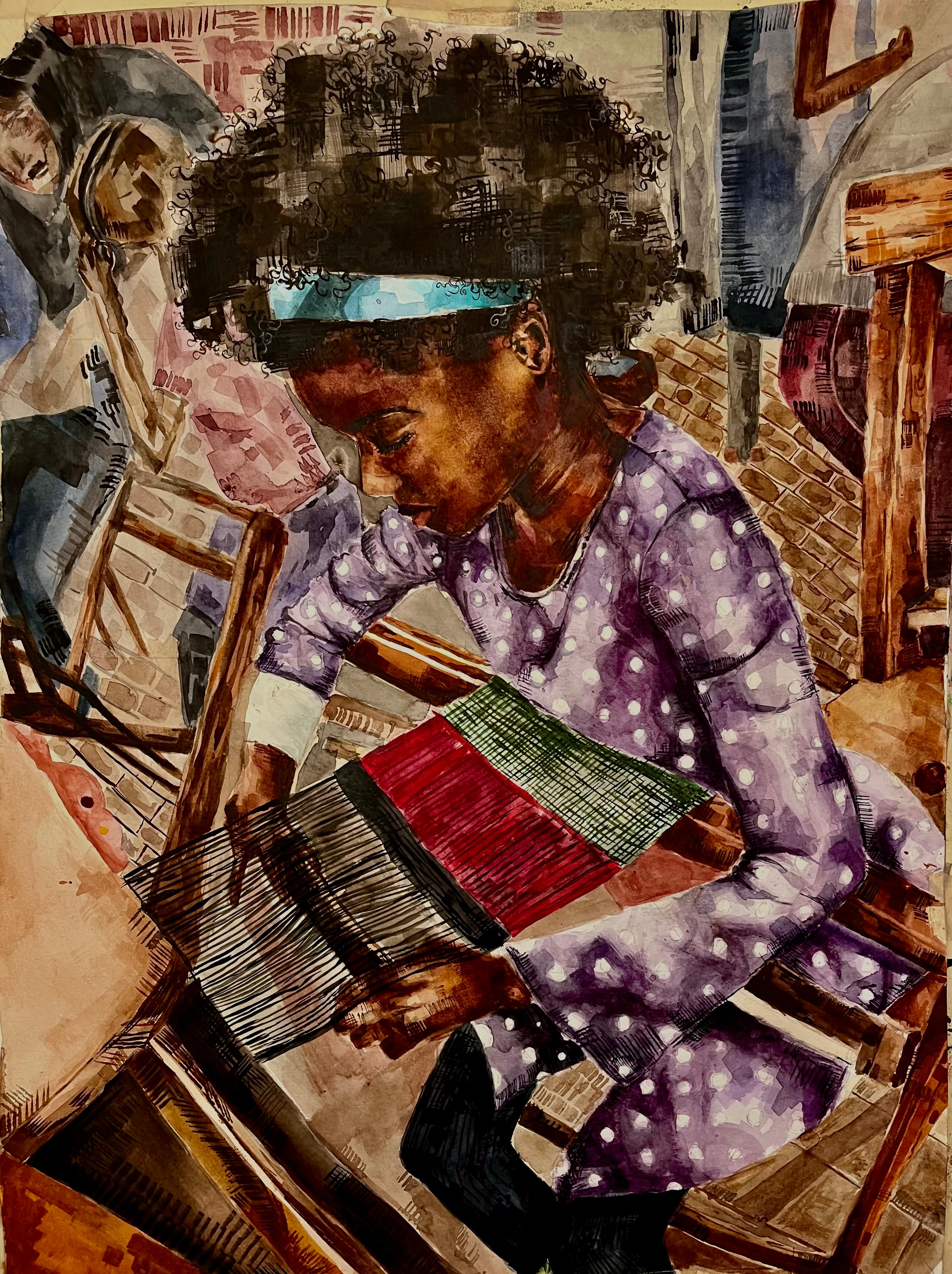 Painting of a girl in a purple polka dot dress making a weaving.