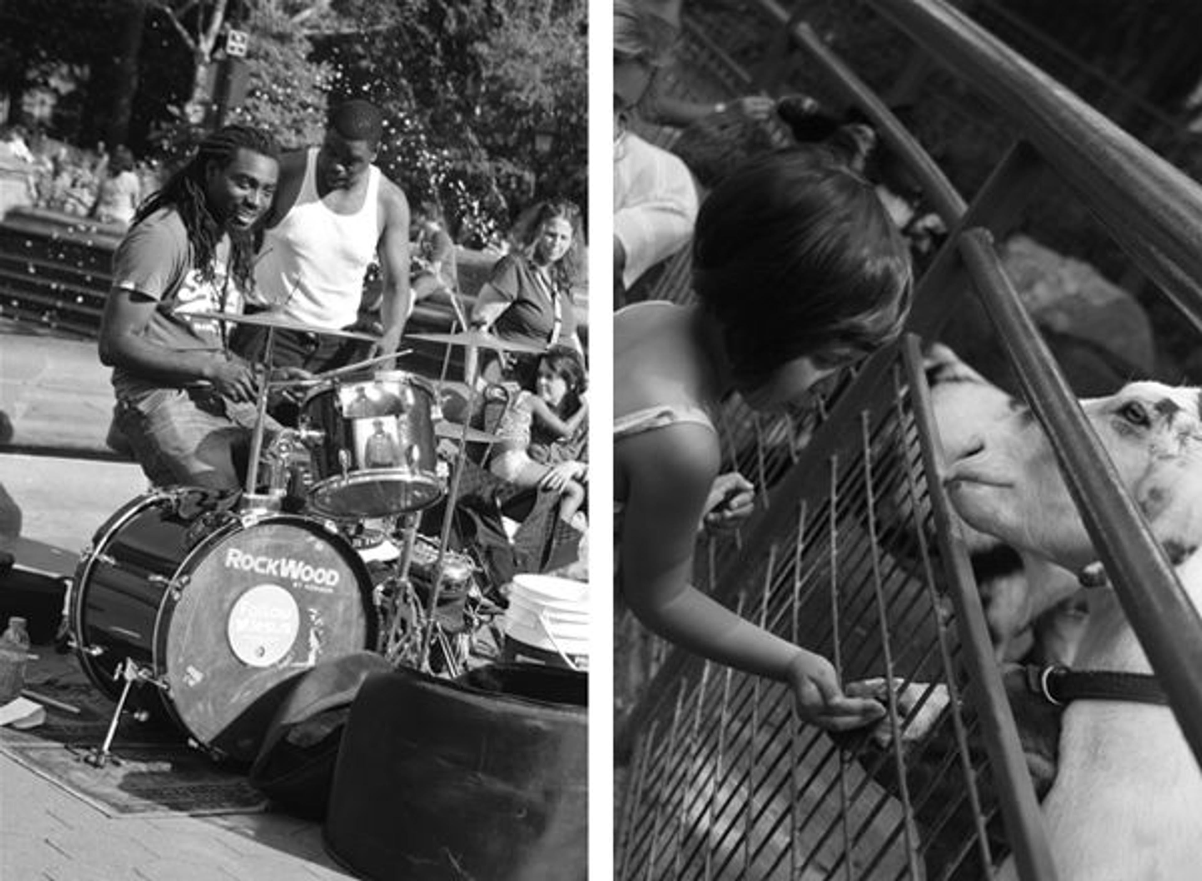 Left: Photograph of band in an outdoor area. Right: Photograph of young girl feeding animals.