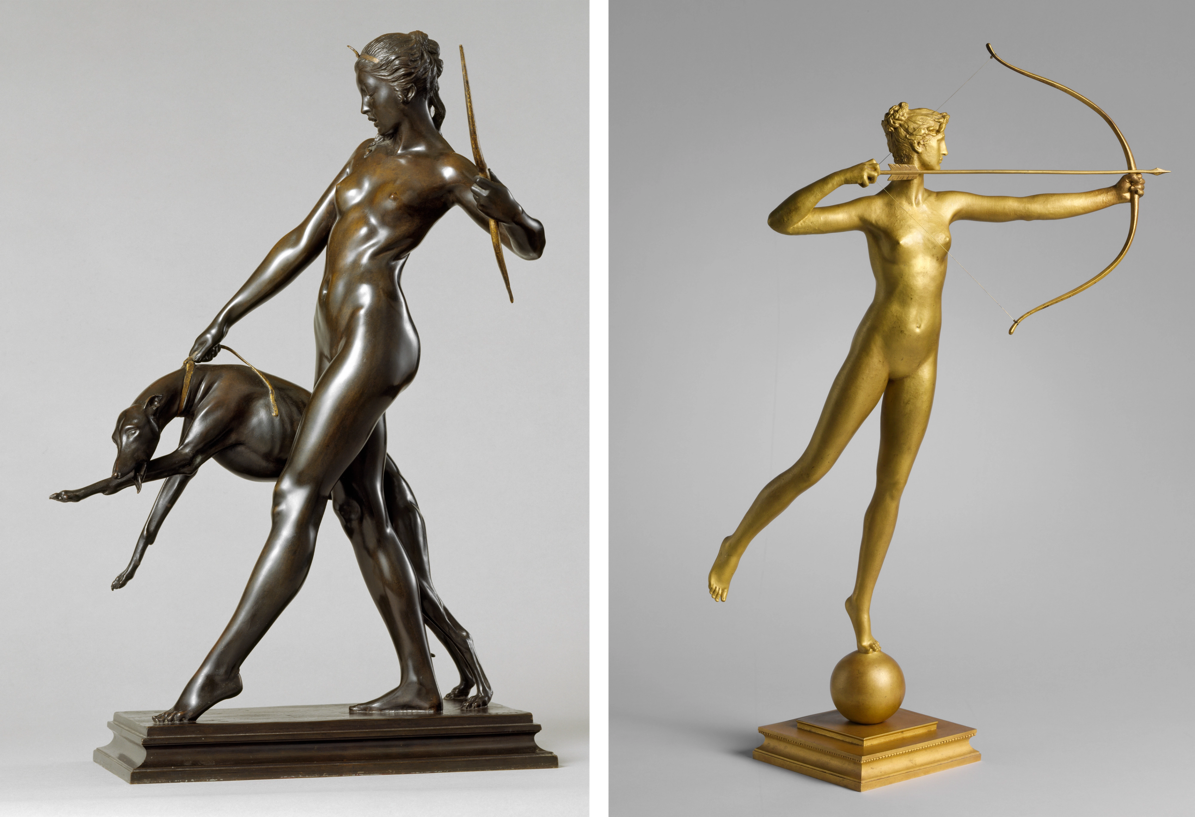 Two sculptures of Diana. At left, she restrains a spindly hound, and at right, she draws a bow and arrow.