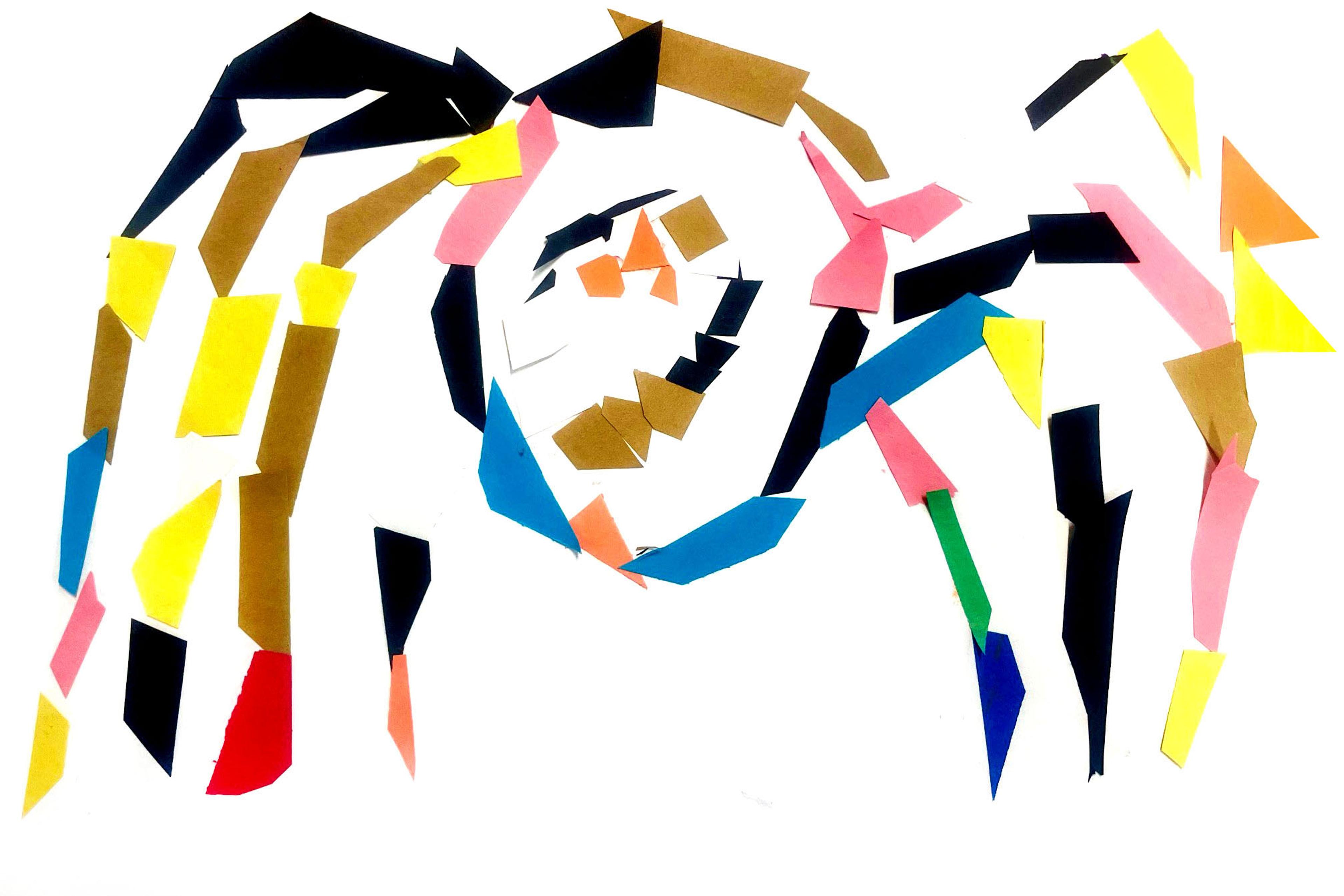 Collage of an eight-legged spider depicted in an abstract manner, composed of cutout geometric shapes of various colors, including red, black, brown, yellow, blue, orange, green, pink, and yellow.