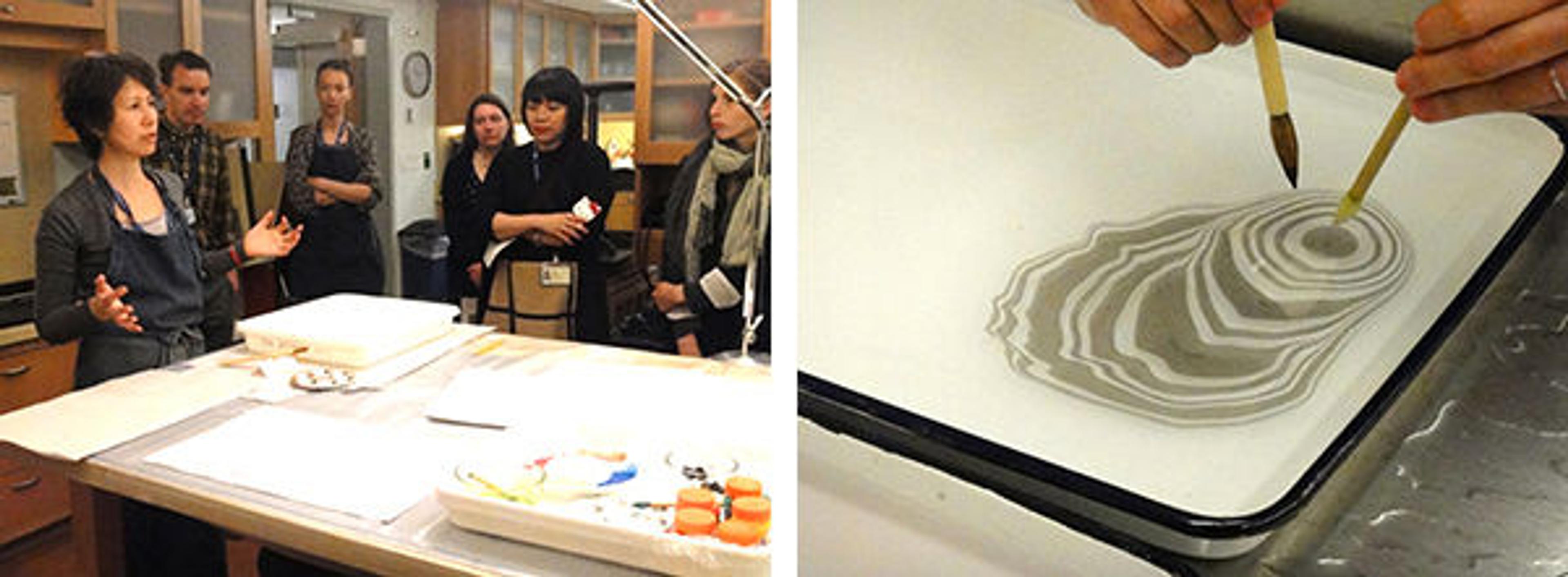 Left: Yukari Hayashida with Watson and other Museum staff. Right: suminagashi demonstration