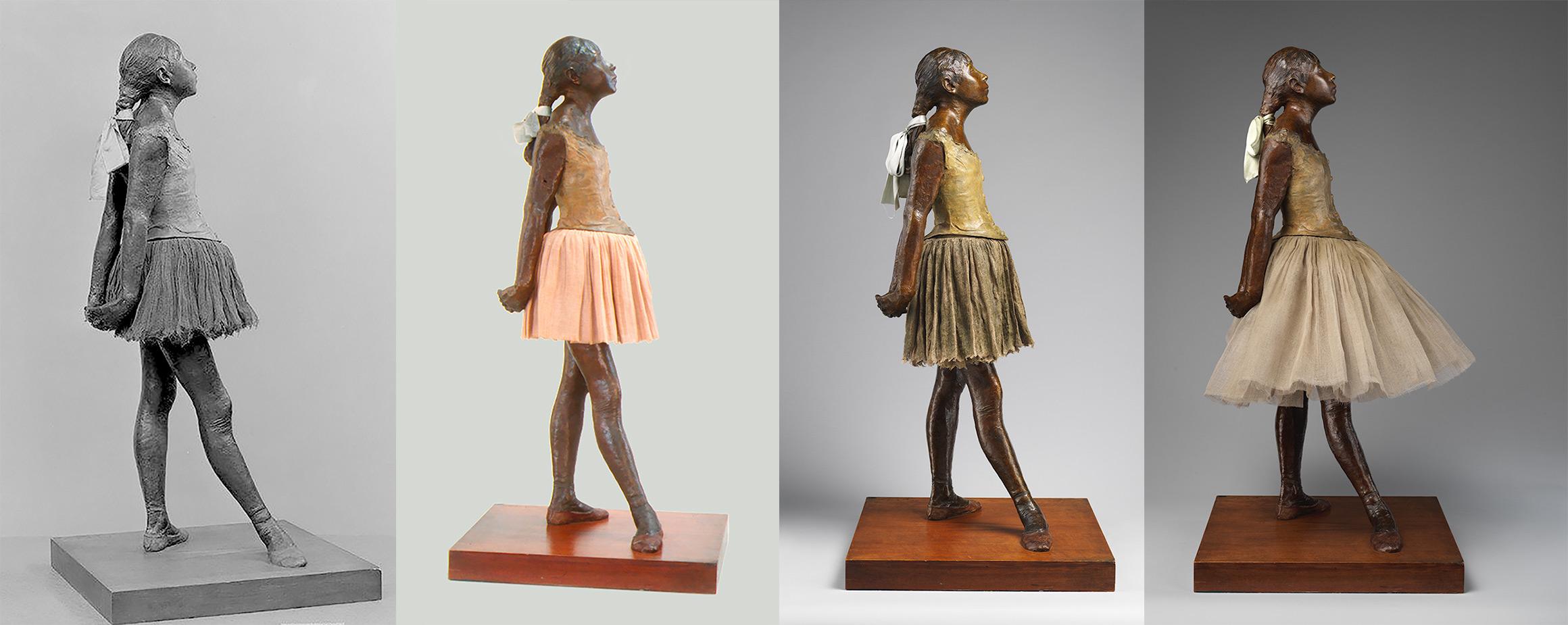 Four photographs of the Degas Dancer in different eras, wearing different tutus.