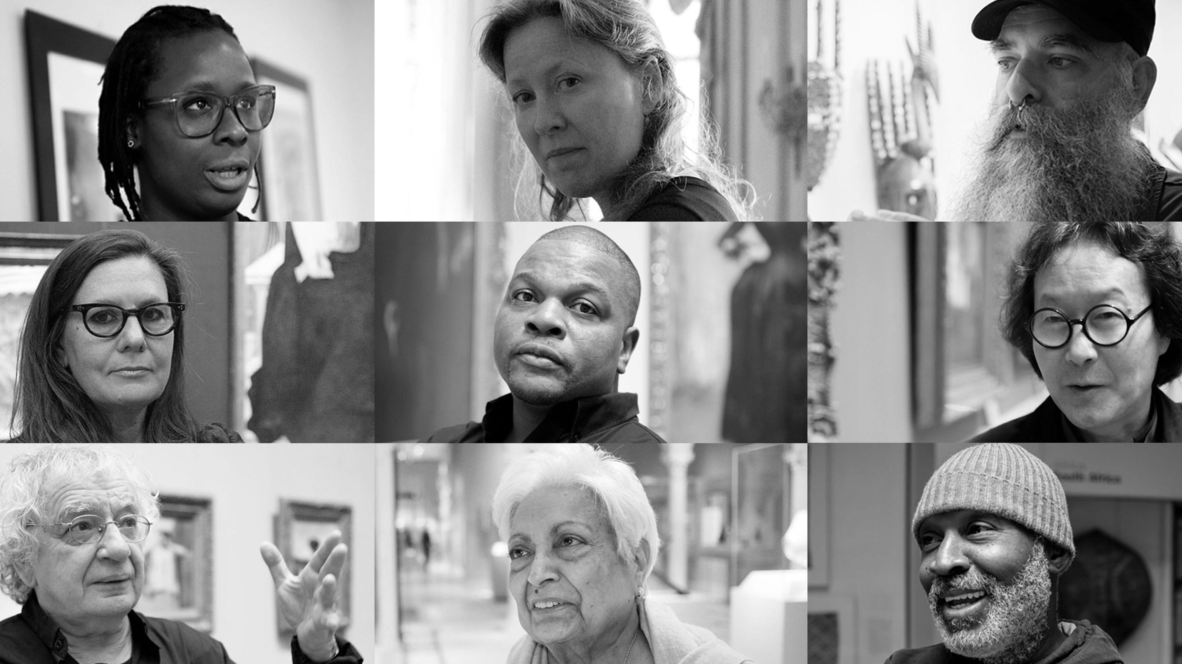 Grid of nine black and white photographic portraits of artists