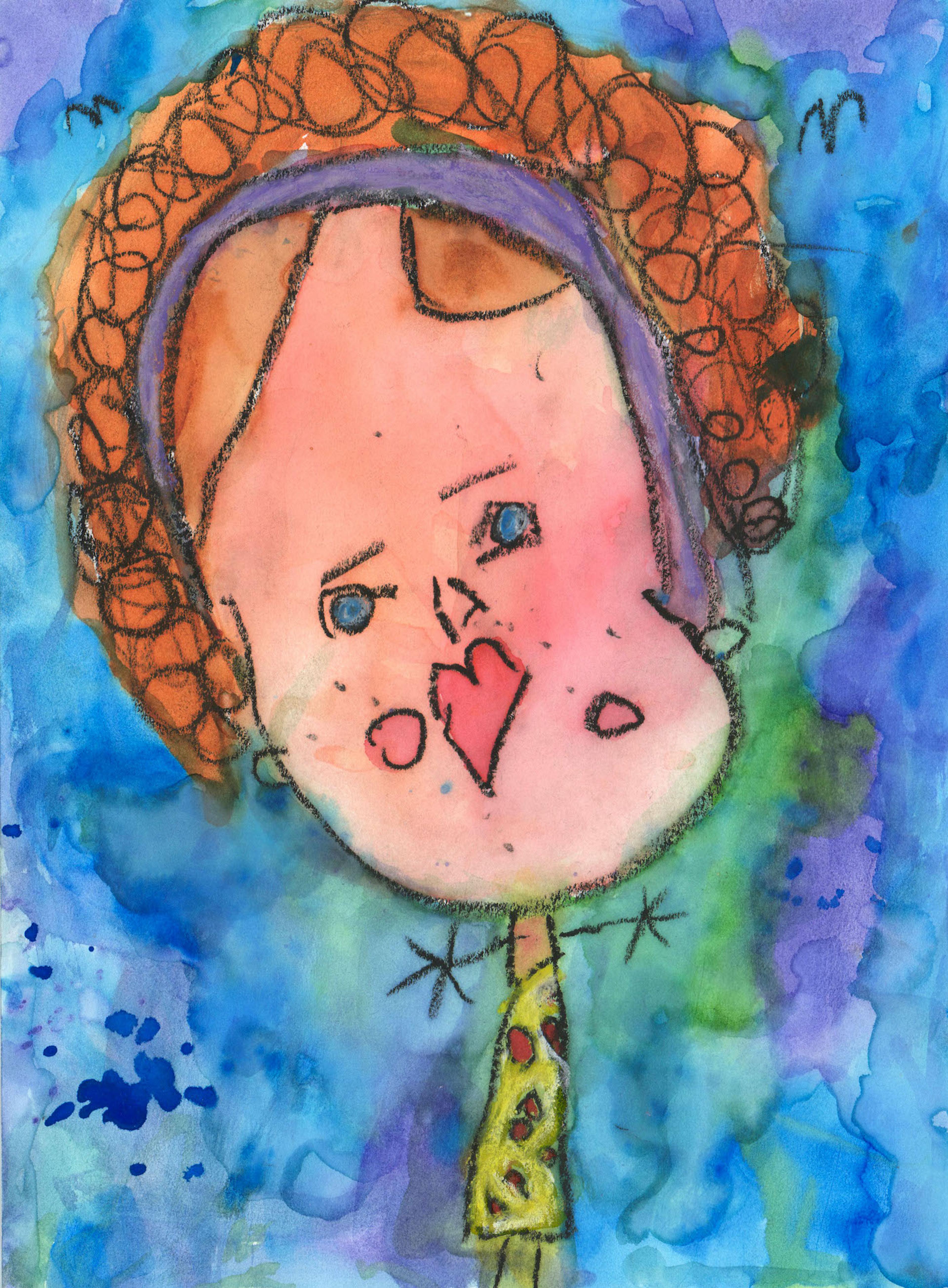Oil pastel, watercolor paint, pastel pencil self portrait of a very young girl. She is white with curly red hair, and she wears a purple head band and a yellow dress with red spots. Her hands and arms are drawn as black sticks and extend left and right from her body. She stands in front of a blue and purple- blue splotchy watercolor background.