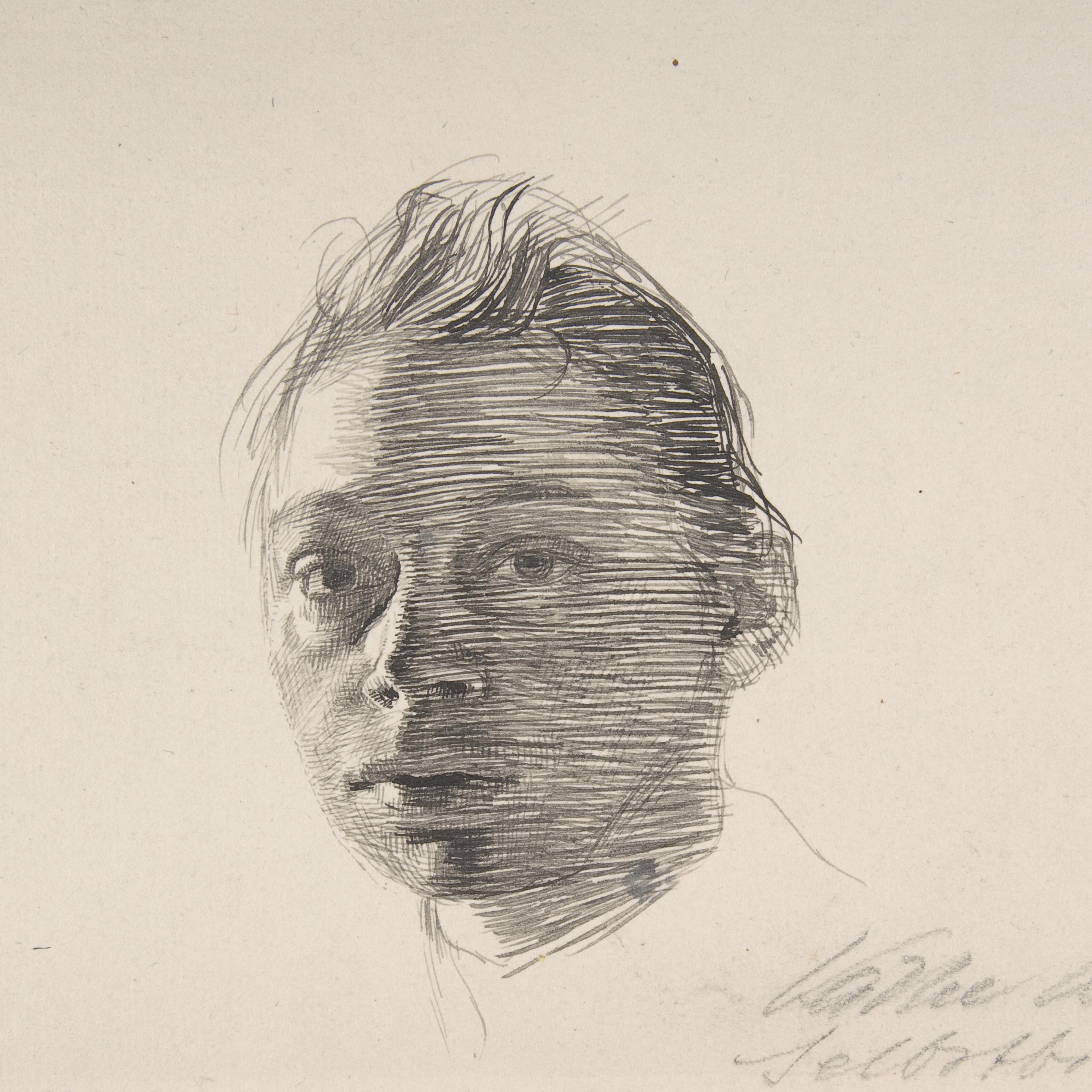 Self-portrait sketch of woman, made by gray and black ink, with pencil writings on the upper and lower right corners