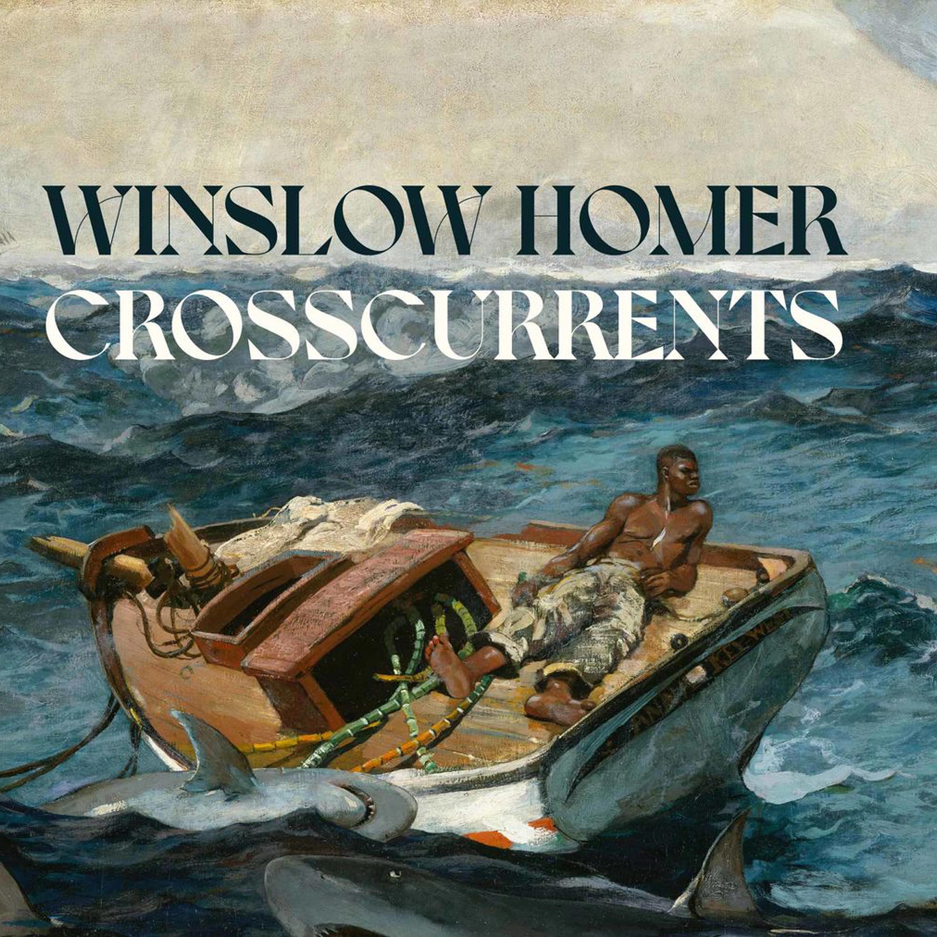painting depicting sharks surrounding a shirtless black man lying down on a wooden boat, text appears above the boat that reads "Winslow Homer, Cross Currents"