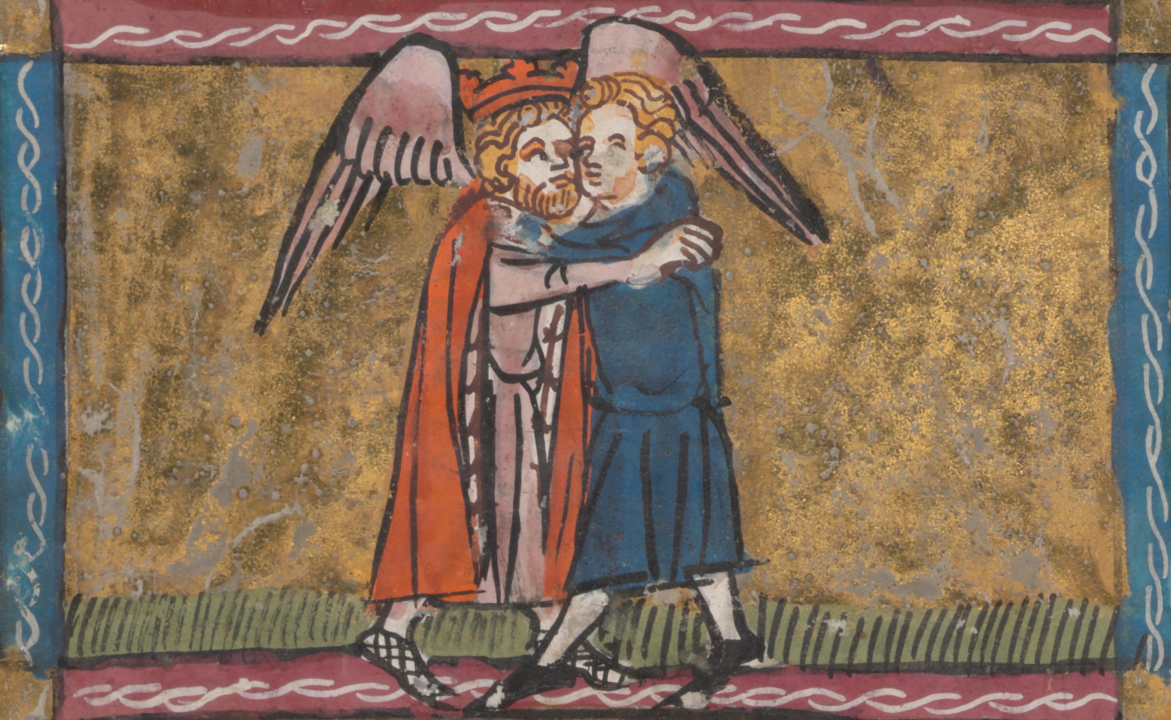 Gold-background scene showing two male figures, one with wings, in an embrace, framed by red and blue decorative borders.
