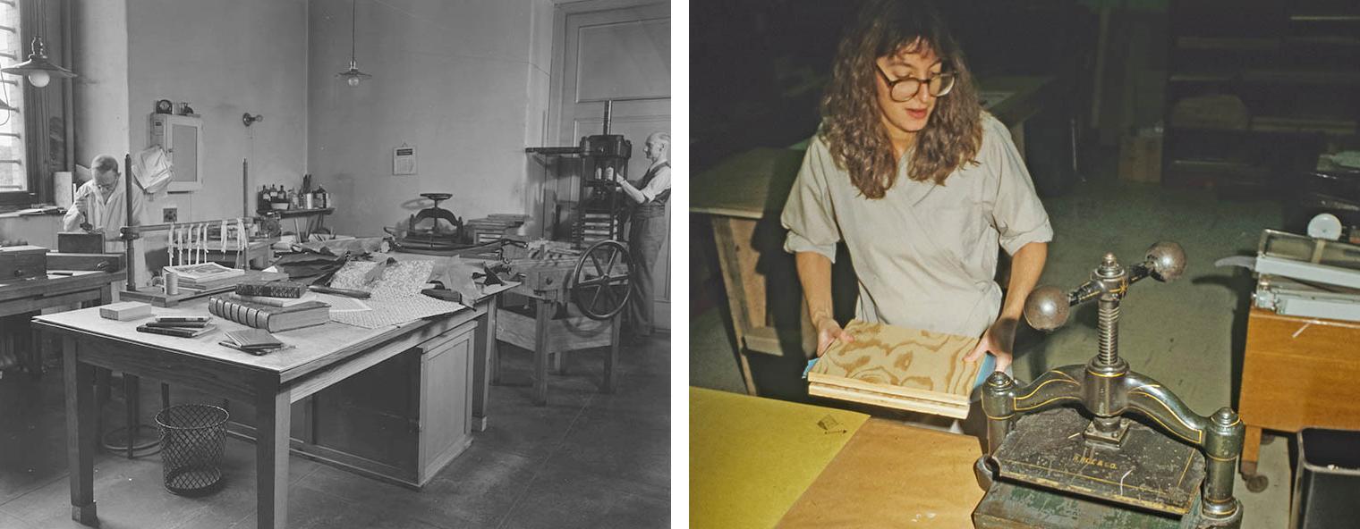 Left: Two conservators working on restoring prints. Right: A conservator placing a book into a bookbinding press.