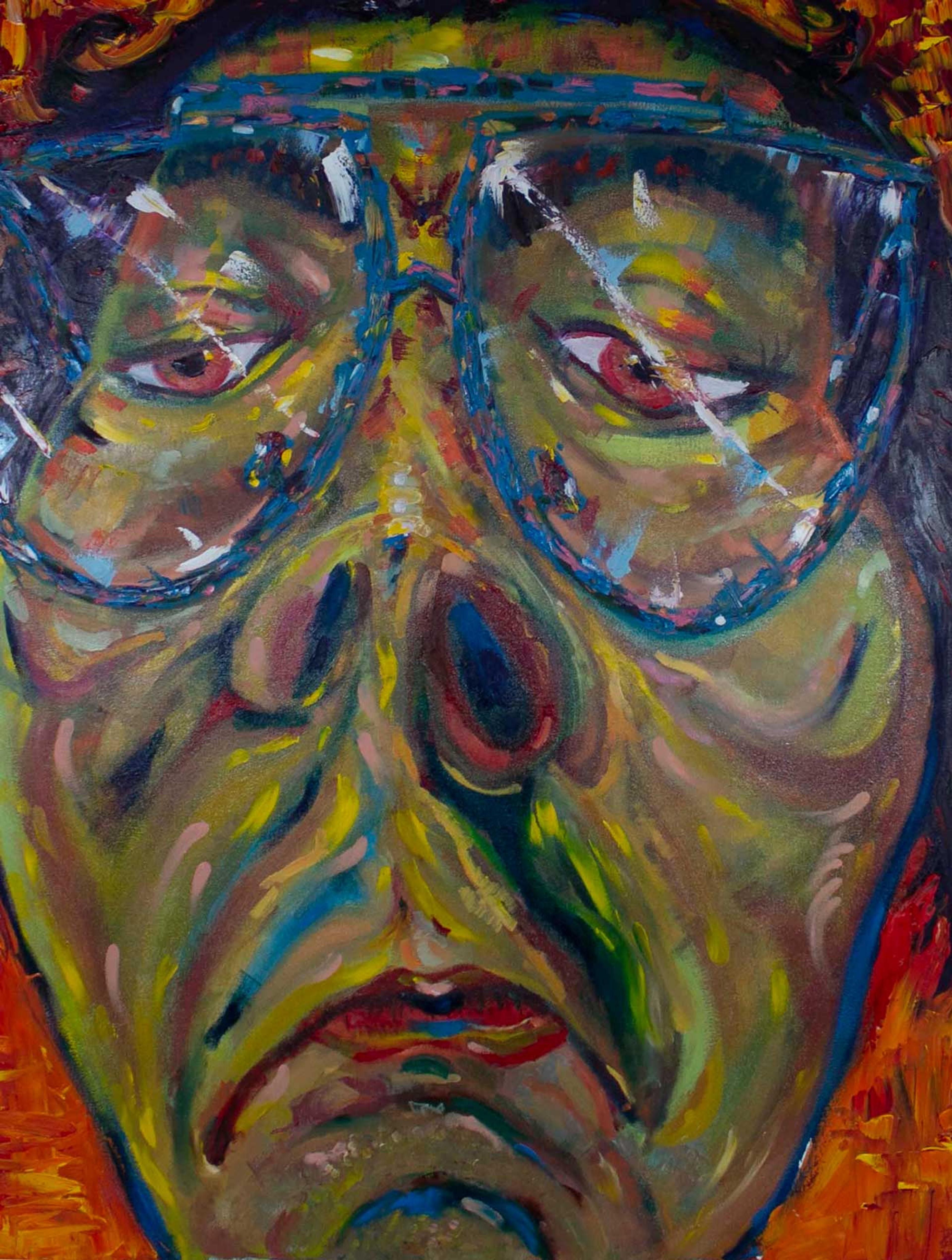 Painting of a face wearing glasses and a sad expression.