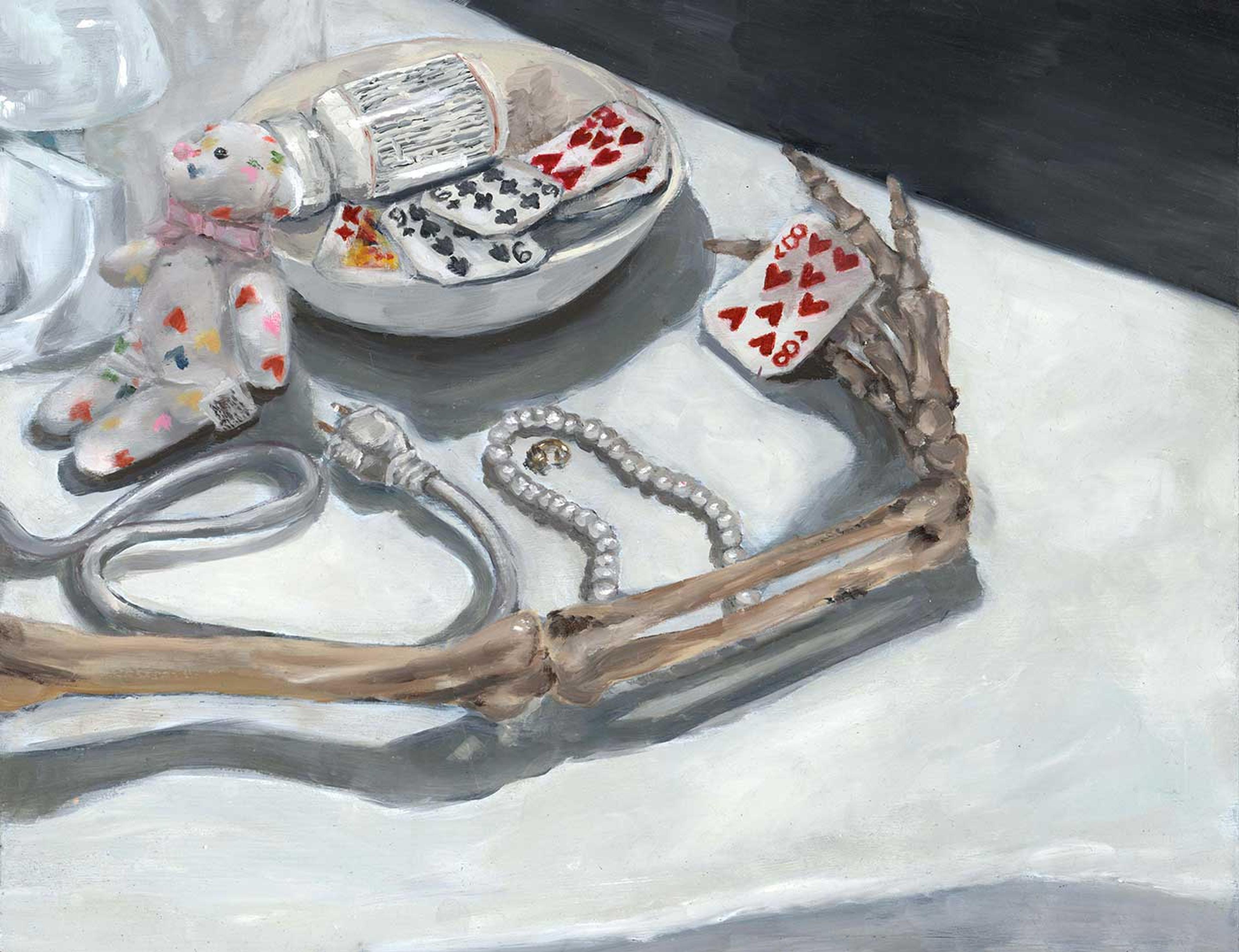 Painting of a skeleton arm holding a playing card over a table with pearls, more cards, and a stuffed animal. 