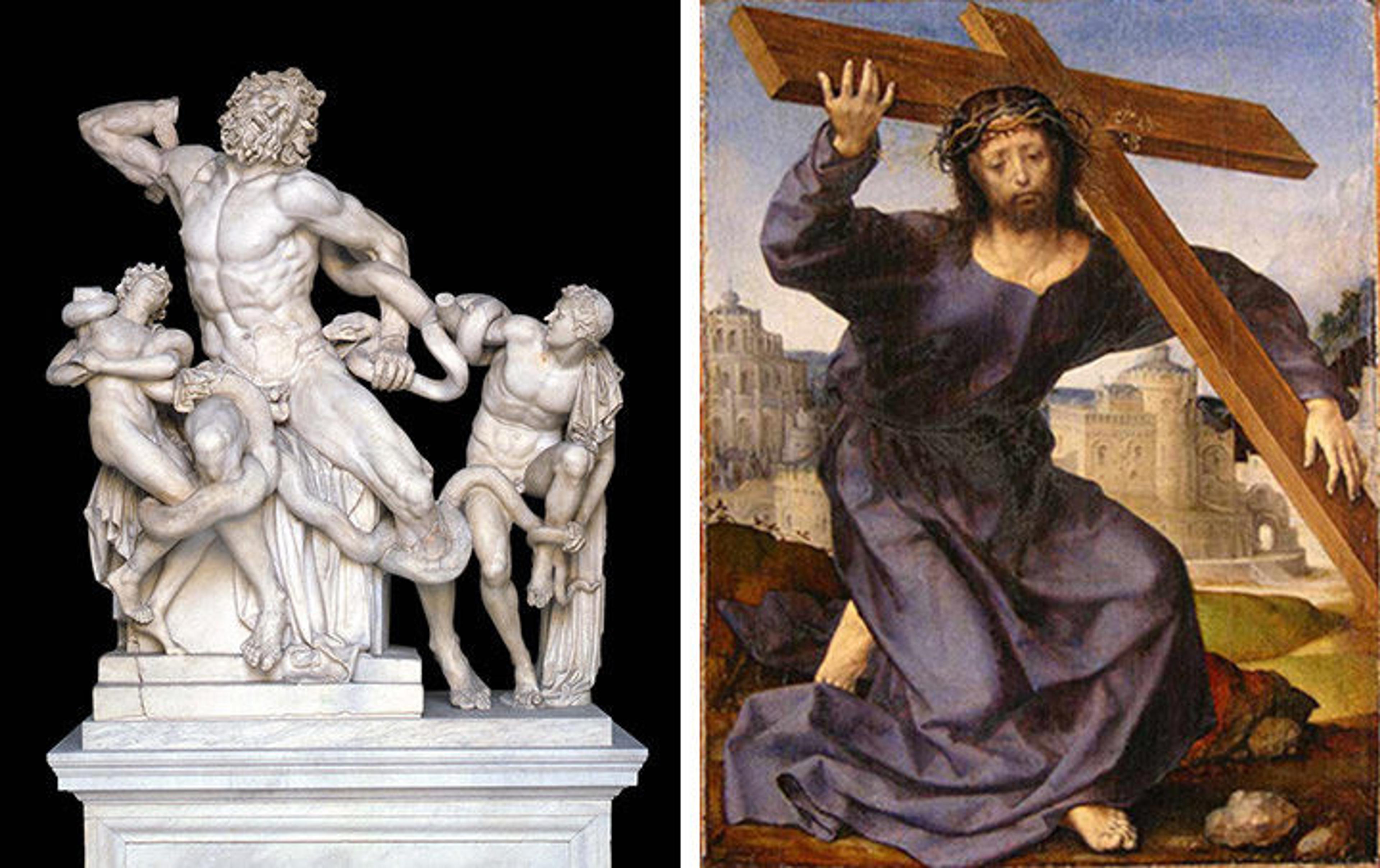 To the right, a marble sculpture of a large male nude and two smaller males strangled by a huge snake; to the left, painting of Christ carrying the cross.